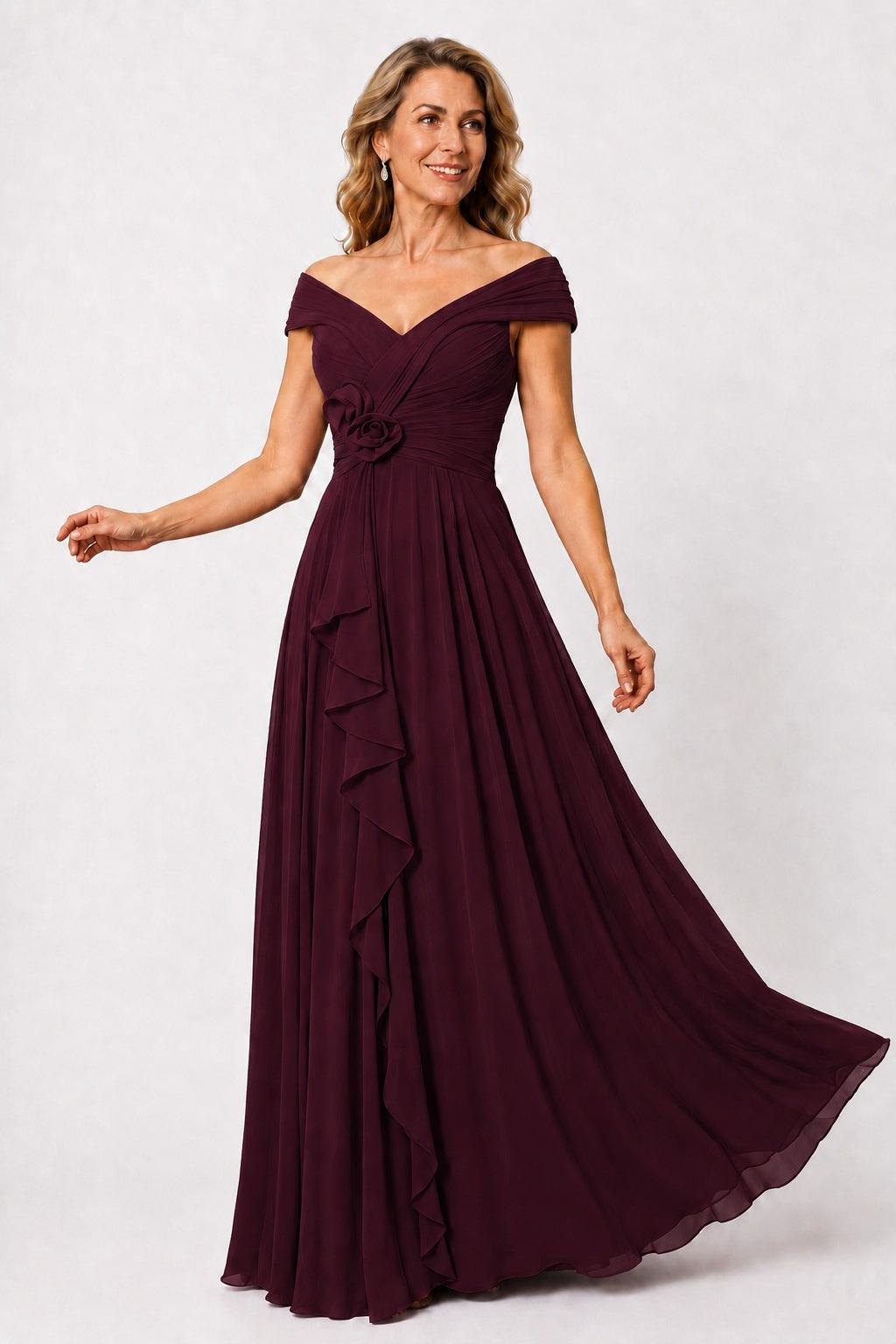 A-Line Floor Length Chiffon Mother of the Bride Dress CM0476 - Wine - COCOMELODY