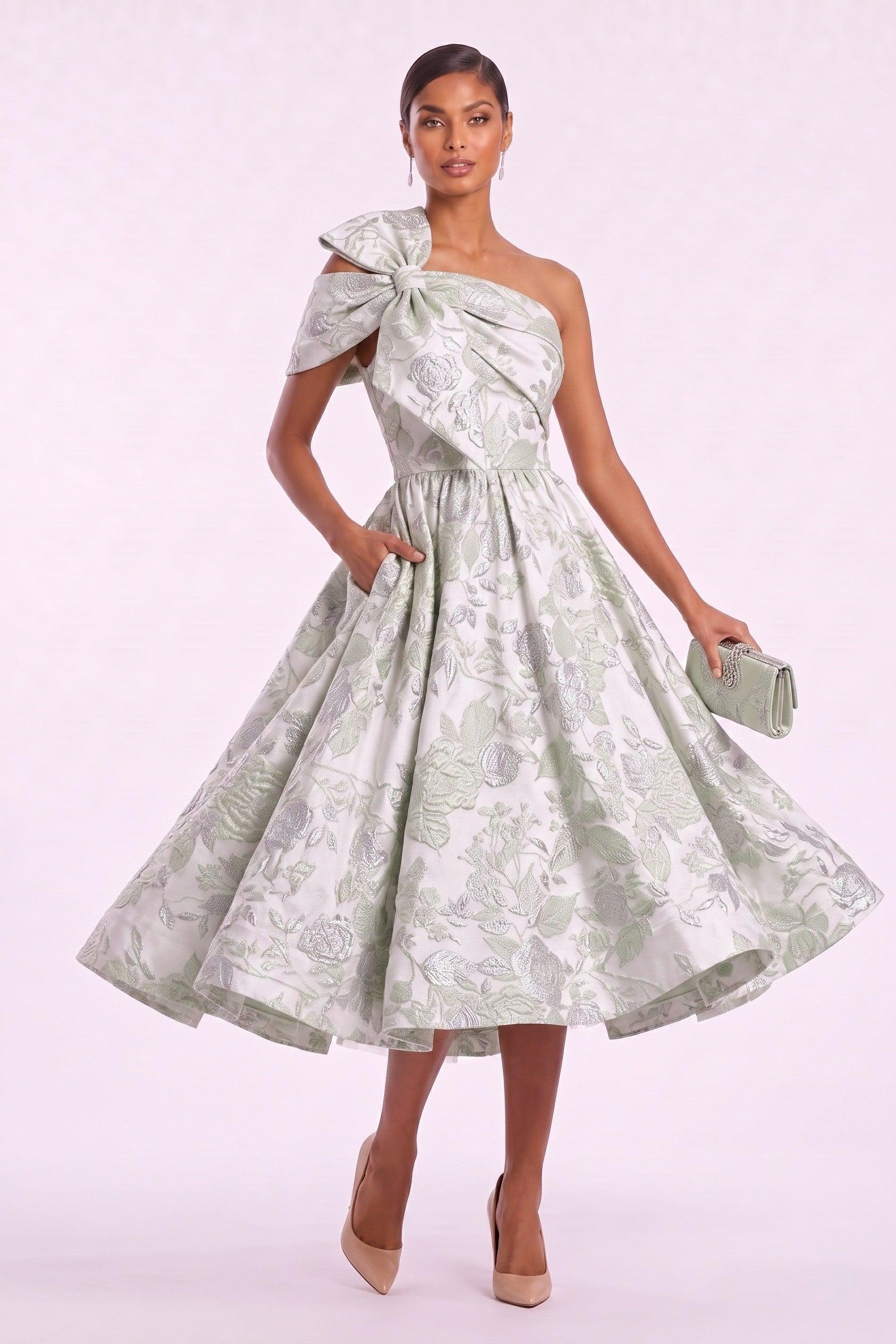 floral mother of the bride dresses Green Tea-Length Dress for Garden Wedding & Formal Luncheon COCOMELODY CM0477 Casual Wedding Dresses For and flowing bishop sleeves Day Band:XLarge