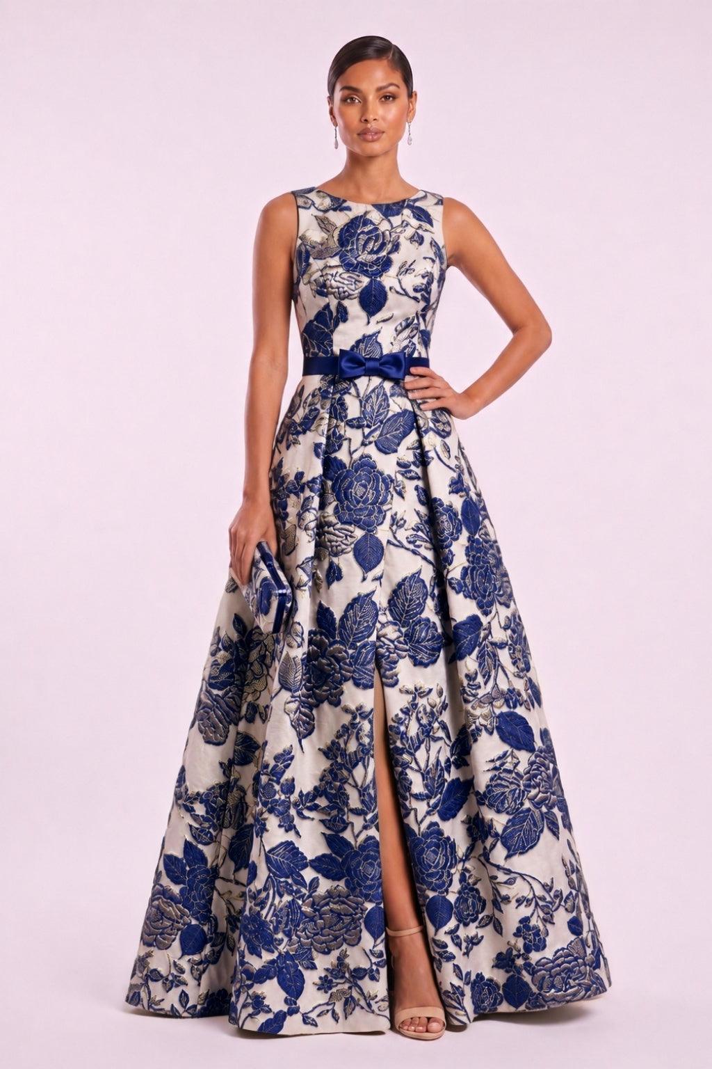 A-Line Floor Length Jacquard Mother of the Bride Dress CM0479 - Navy - COCOMELODY