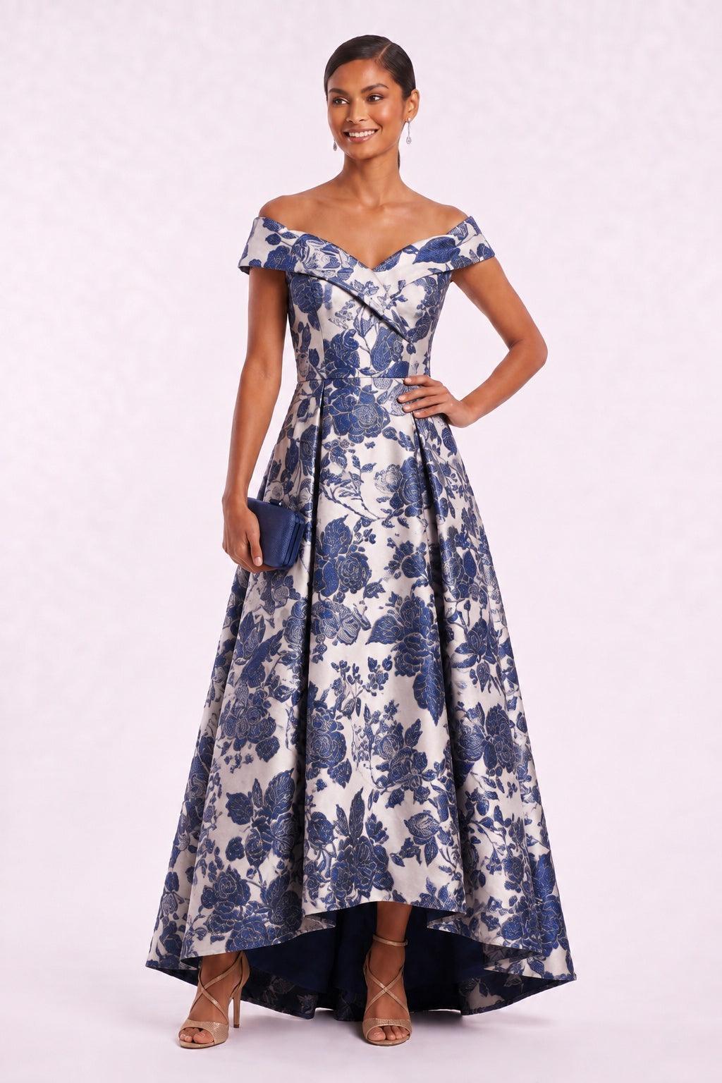 A-Line High-Low Jacquard Mother of the Bride Dress CM0480 - Navy - COCOMELODY
