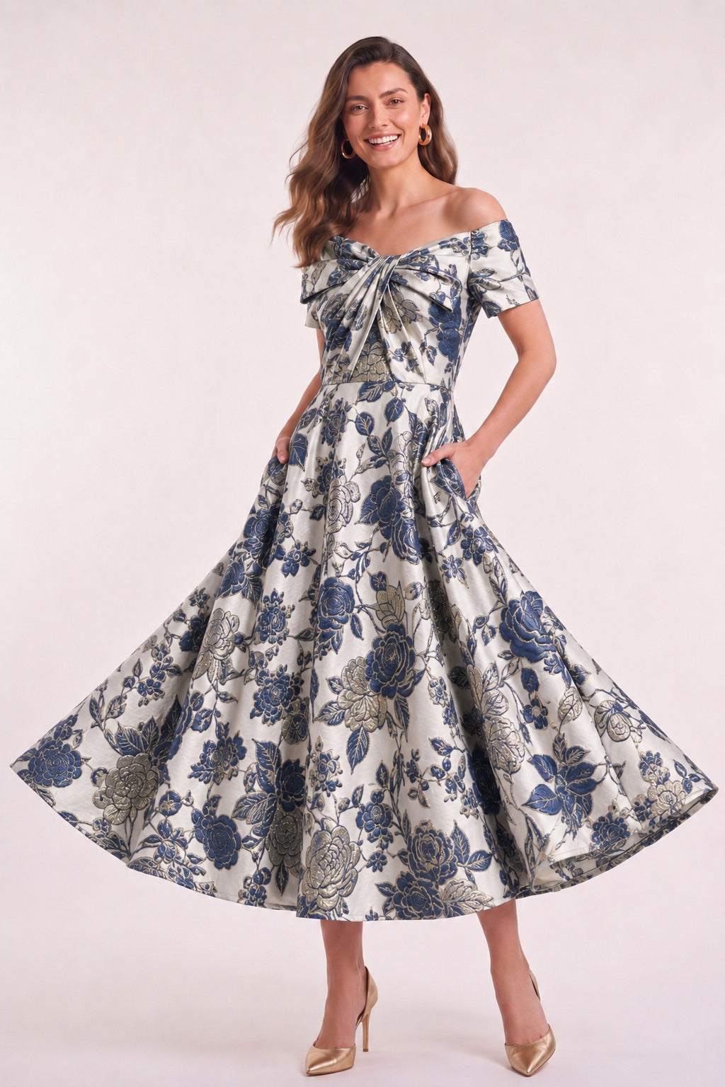 A-Line Tea Length Jacquard Mother of the Bride Dress CM0482
