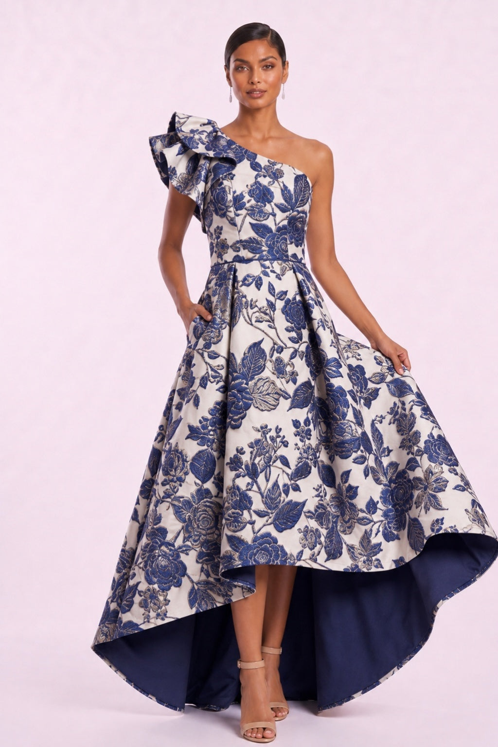 A-Line High-Low Jacquard Mother of the Bride Dress CM0486 - Navy - COCOMELODY