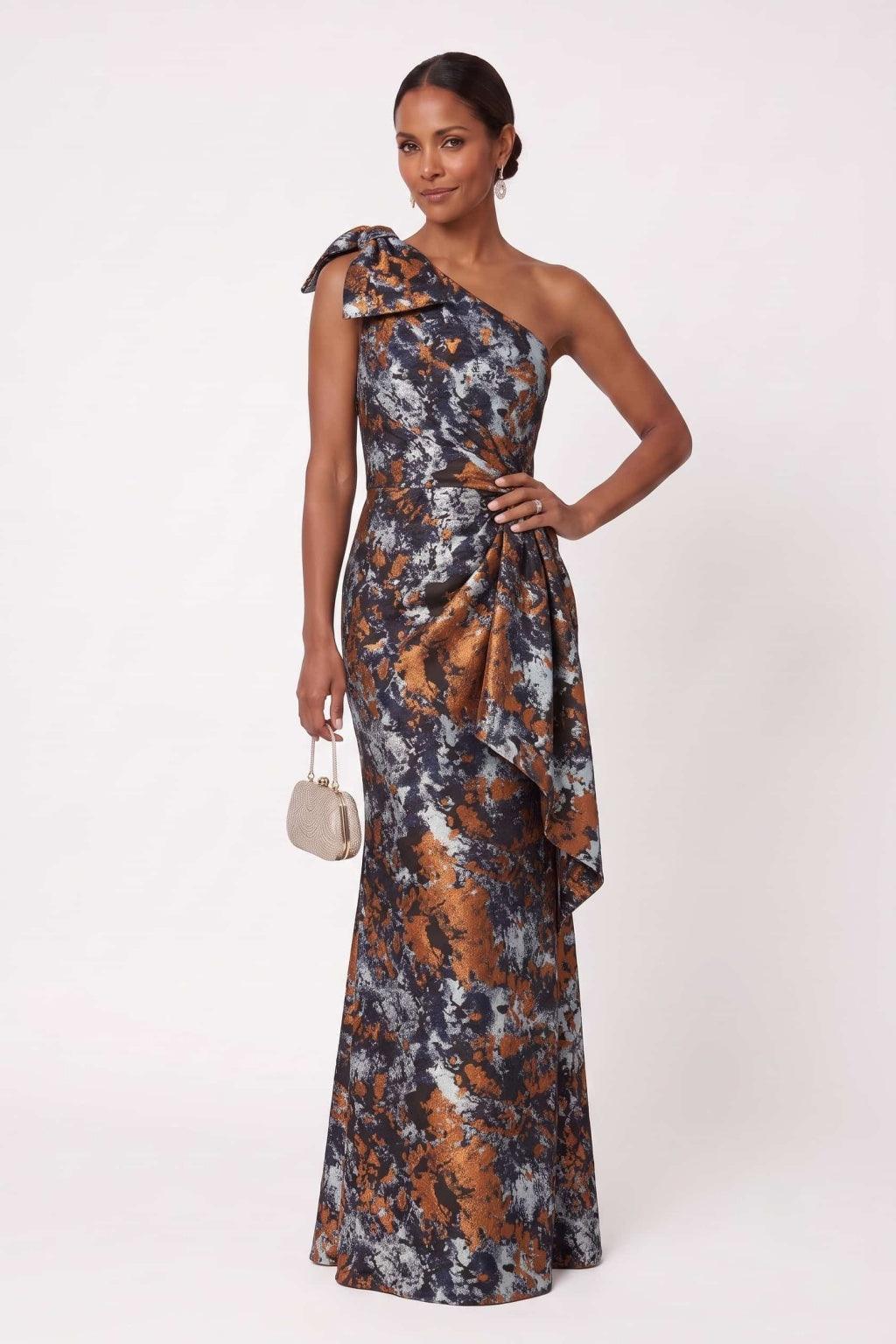 formal gala dinner dress One Shoulder Jacquard Mother of the Bride for Wedding & COCOMELODY CM0489 Size:20-36/37 Tulle Zipper closure Standard Brown Satin One-Shoulder Maxi Closed Toe