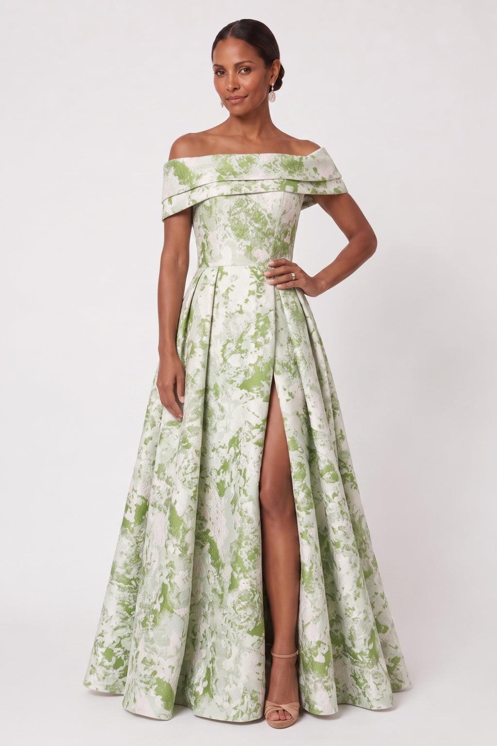 A-Line Floor Length Jacquard Mother of the Bride Dress CM0491 - Green - COCOMELODY