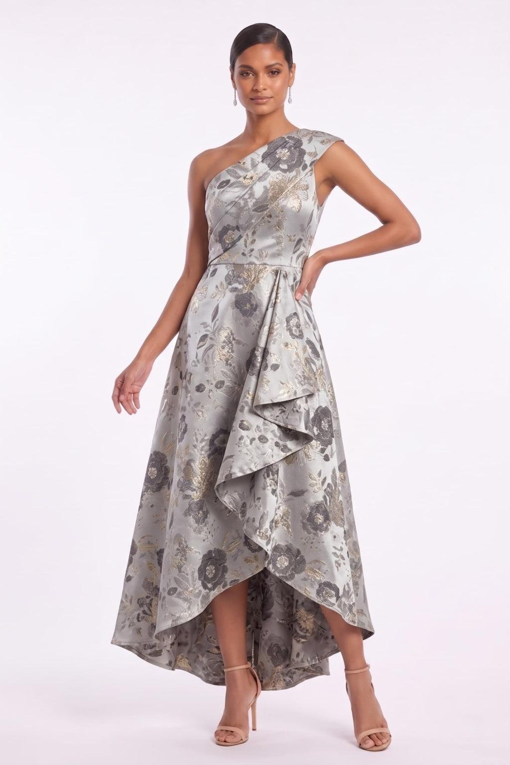 high waist mother of the bride dress High-Low Jacquard for Garden Wedding & Cocktail Reception COCOMELODY CM0500, Black model-rheanna