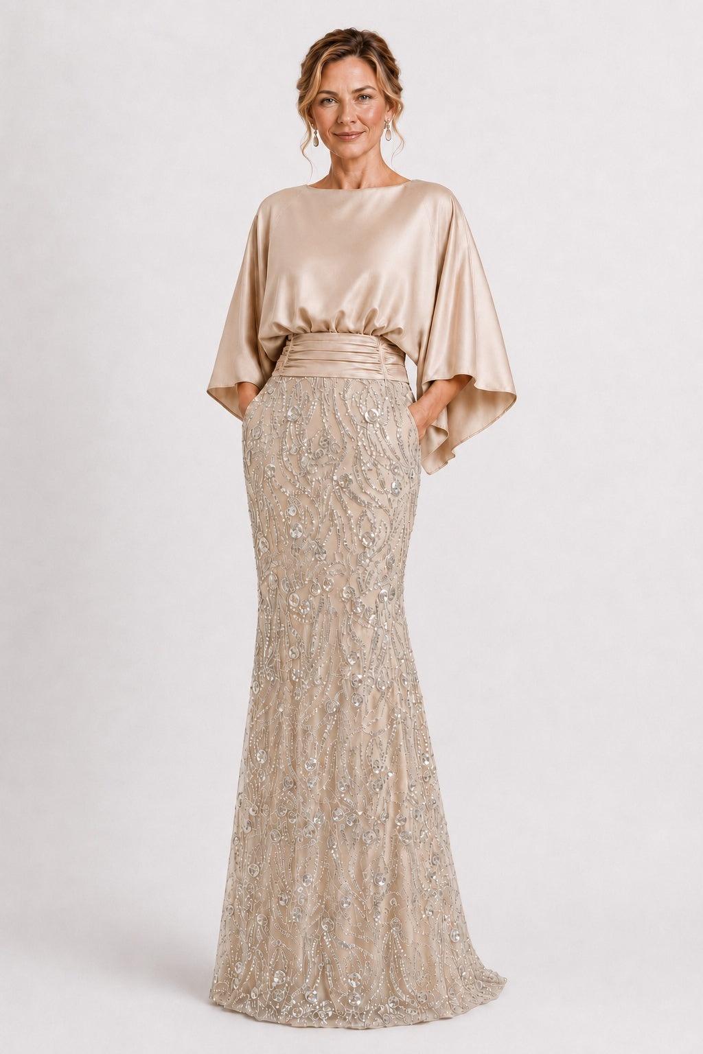 sleeves gold mother of the bride dresses Sequin Bell Sleeve Dress for Evening Wedding & Gala Dinner COCOMELODY CM0505 Color:Floral Brick Red White Must Be Love Lace Navy Sizes Includ Express