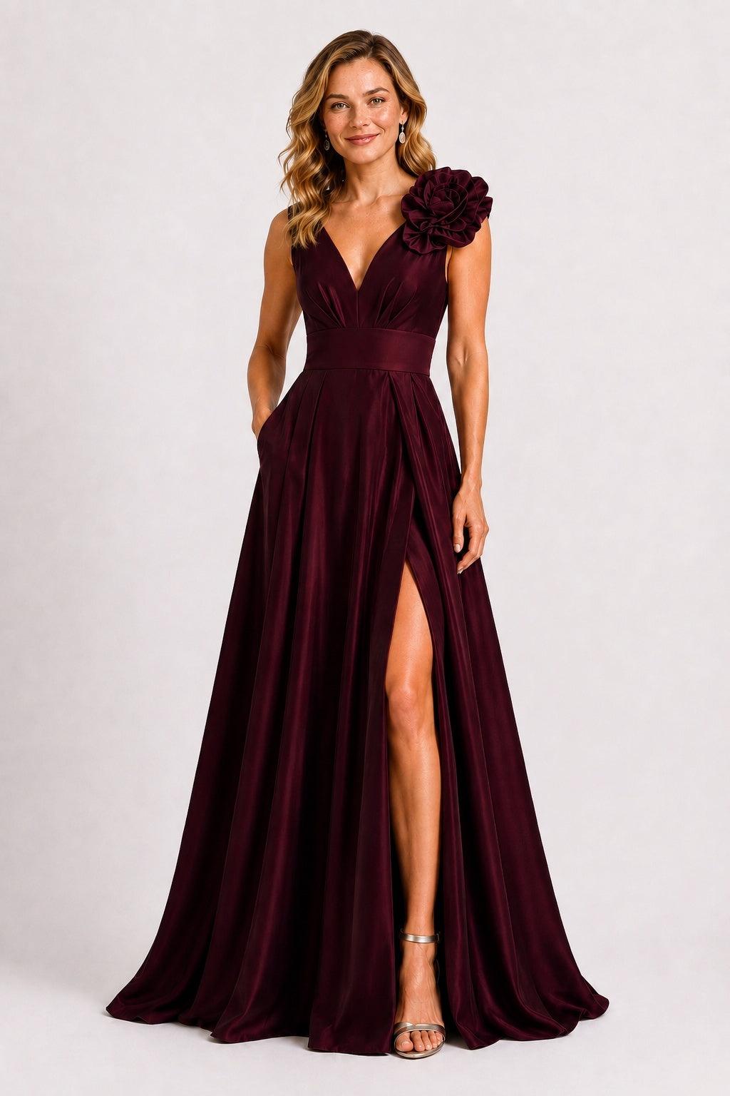 A-Line Floor Length Floral Satin Mother of the Bride Dress Evening Wedding & Formal Reception COCOMELODY CM0511, Champagne