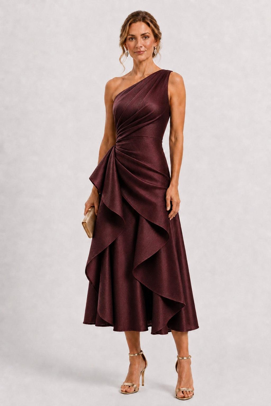 polyester cocktail & party dresses A-Line One-Shoulder Tea-Length Mother of the Bride Dress for Garden Weddings COCOMELODY CM0517 Color:Brown & Blue Stripe Strapless Color Theia Mel Off Shoulder colorado