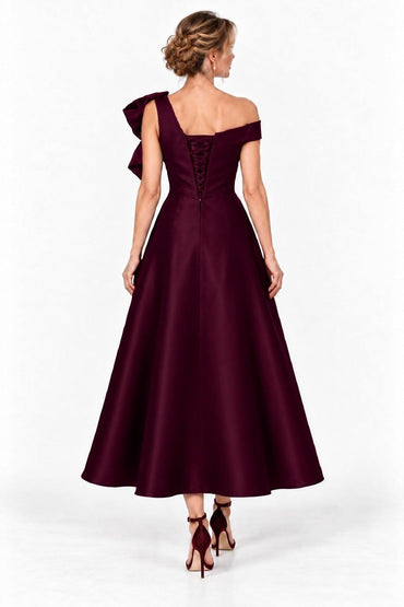 A-Line Tea Length Satin Mother of the Bride Dress CM0519 - Wine - COCOMELODY