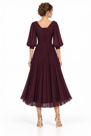 A-Line Tea Length Chiffon Mother of the Bride Dress CM0520 - Wine - COCOMELODY