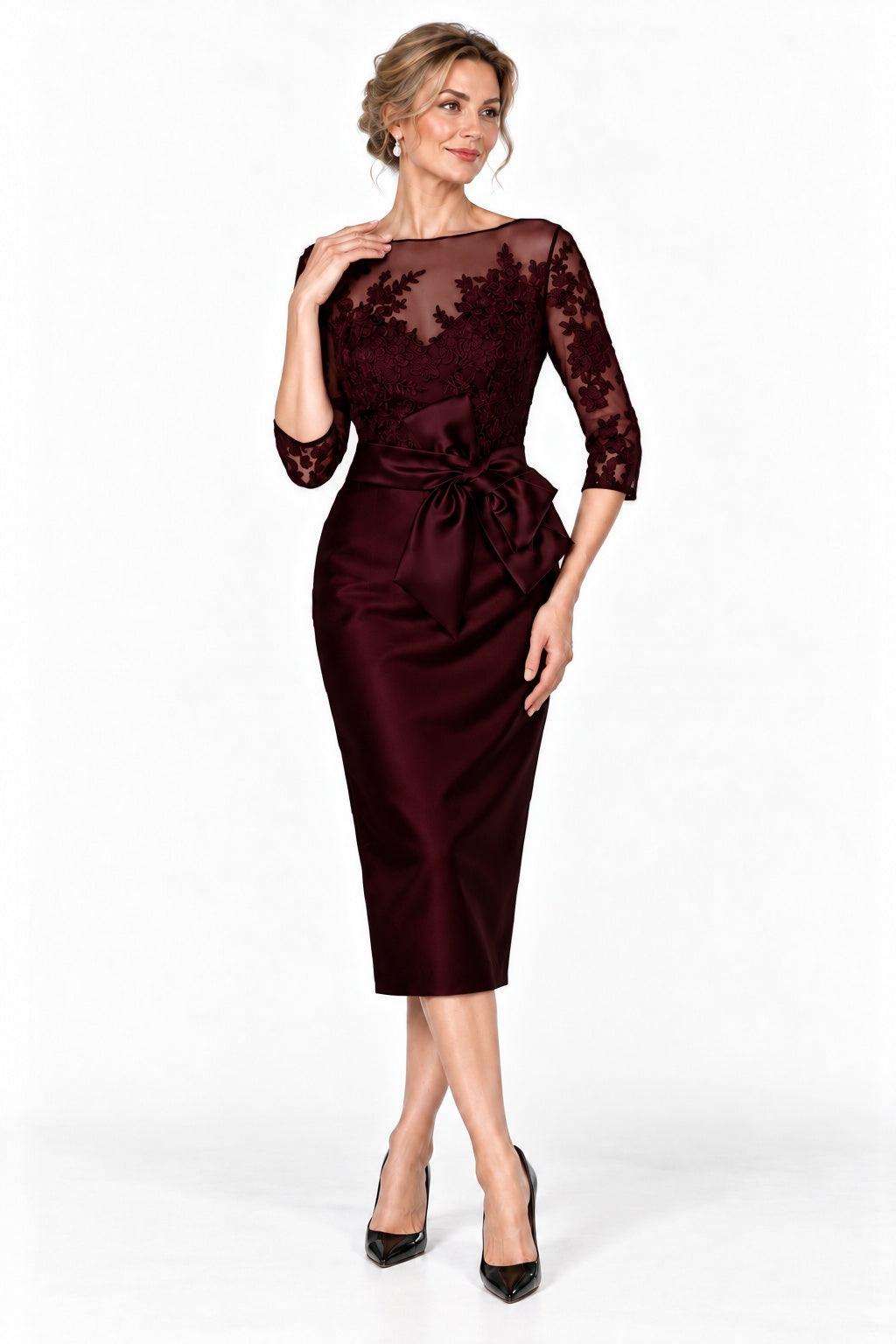 Sheath-Column Tea Length Satin Mother of the Bride Dress CM0525 - Wine - COCOMELODY