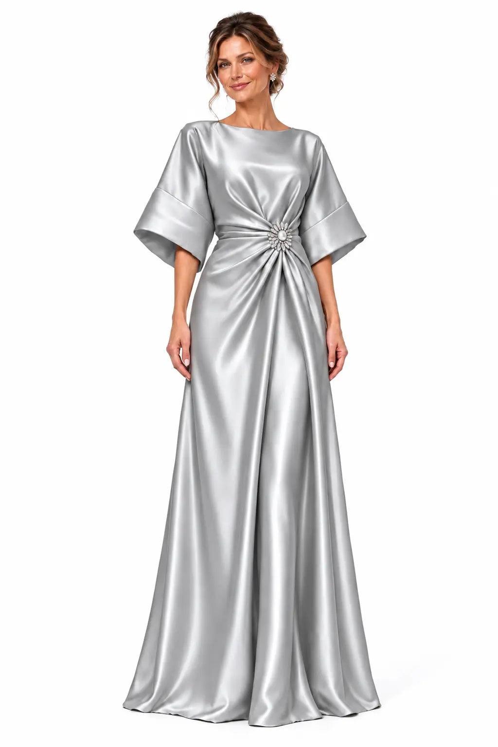 A-Line Floor Length Satin Mother of the Bride Dress CM0528 - Steel Grey - COCOMELODY