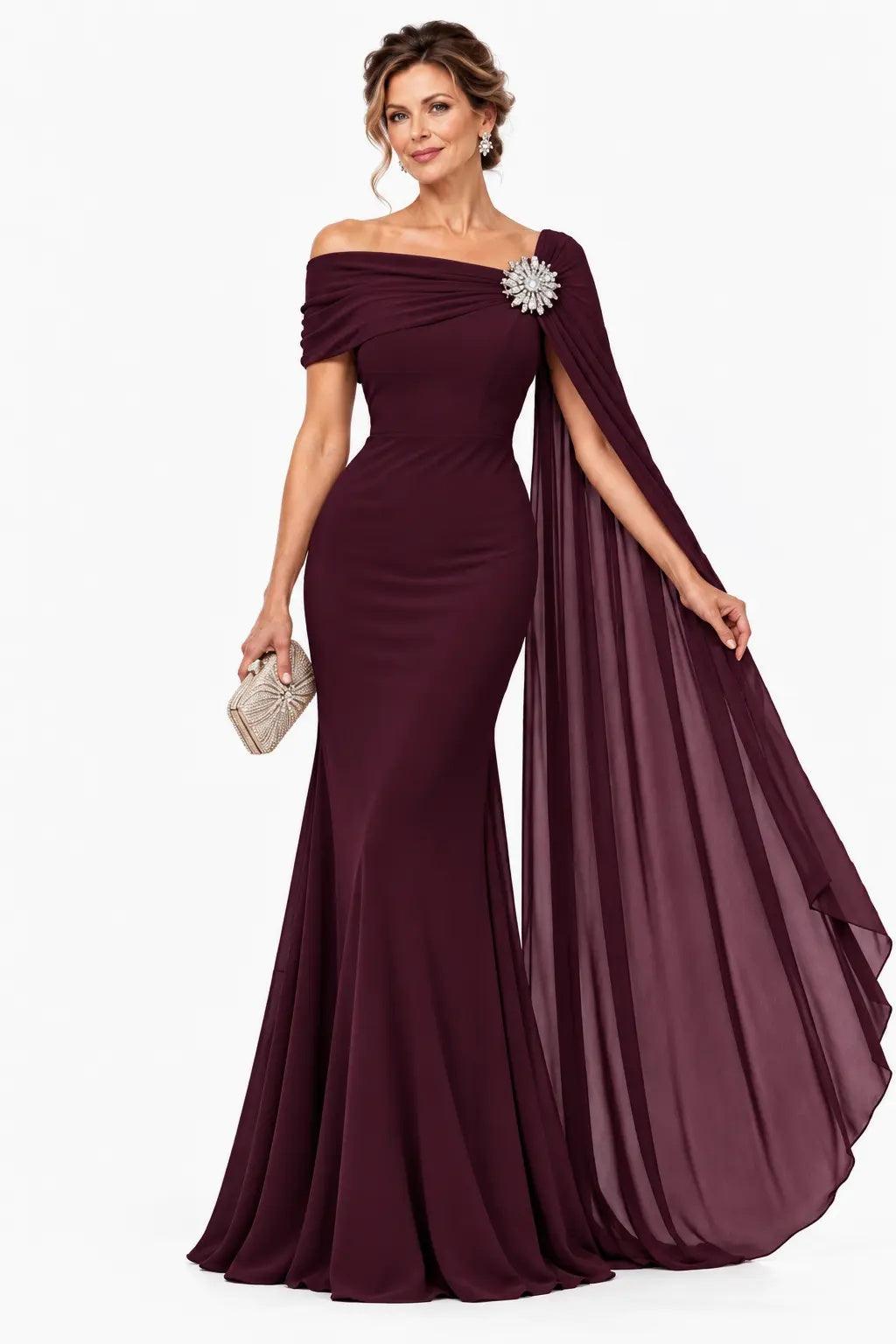 Trumpet-Mermaid Floor Length Chiffon Mother of the Bride Dress CM0530 - Wine - COCOMELODY