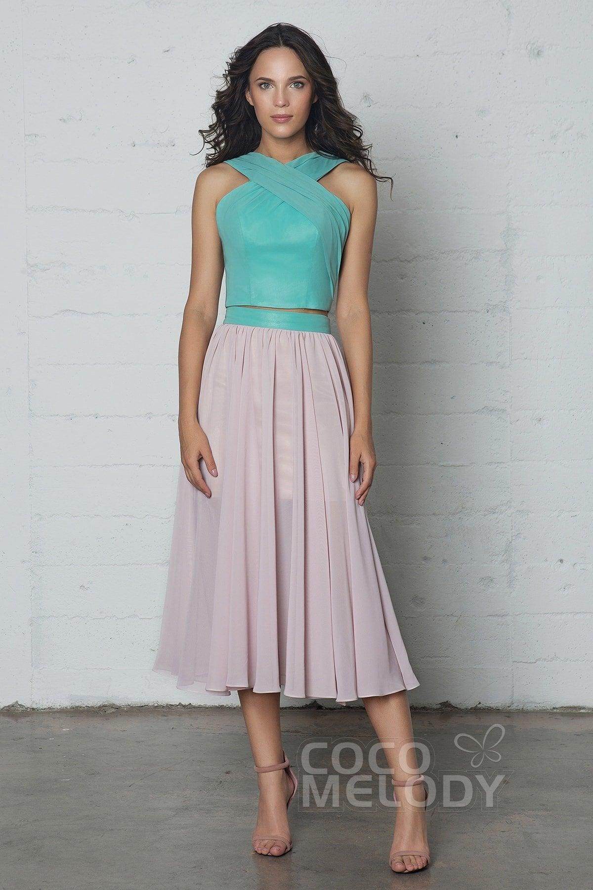 Crop top Tea Length Chiffon Dress COZF17005 - COCOMELODY