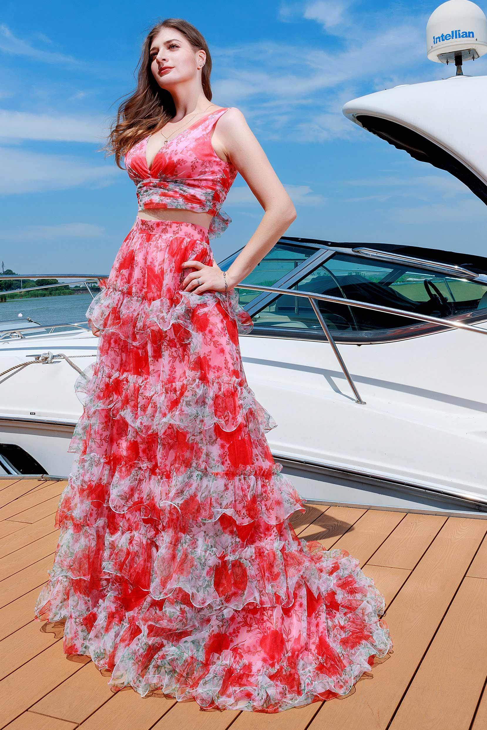 Two-Piece Sweep-Brush Train Figured Cloth Prom Dress CS0482 - COCOMELODY