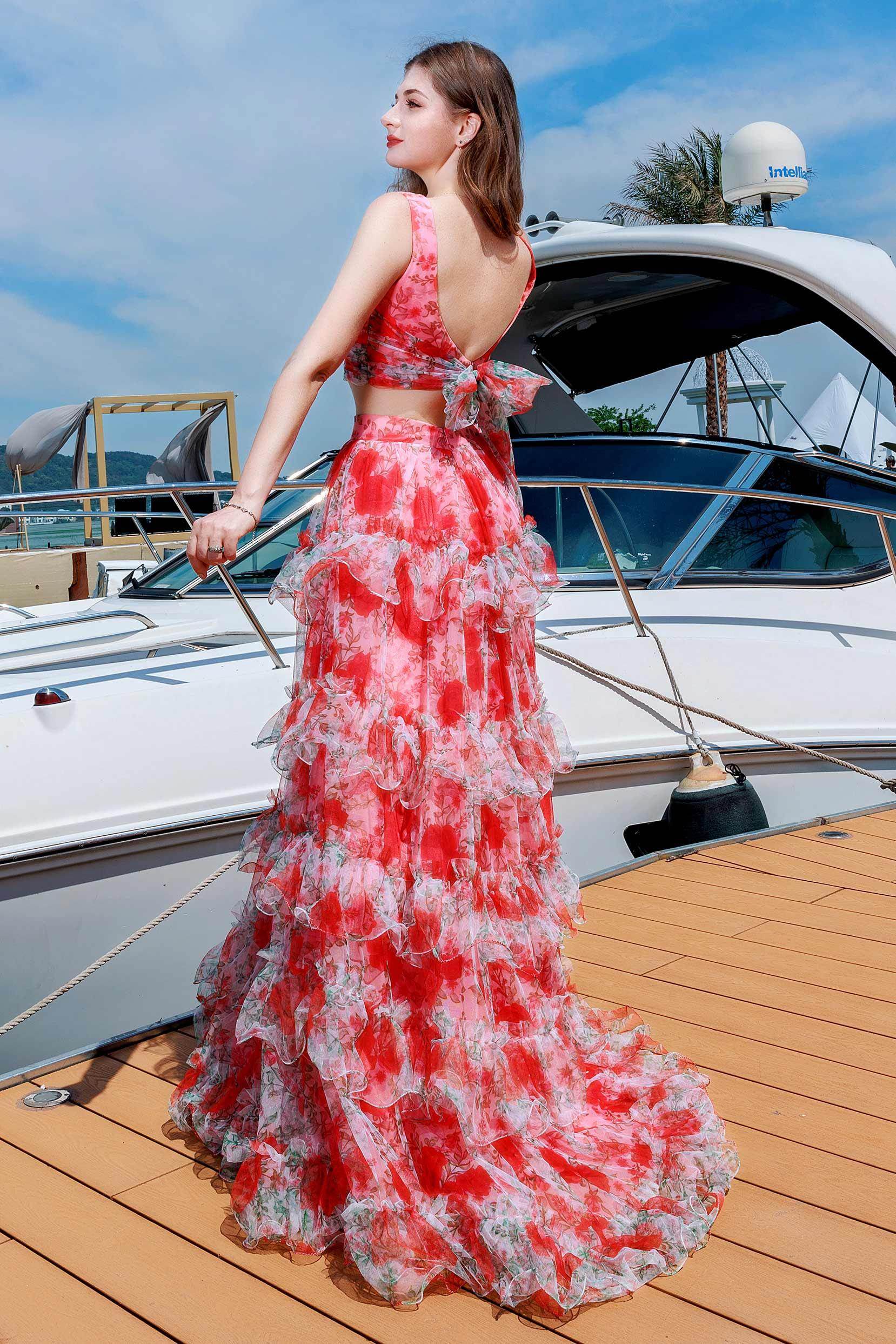 Two-Piece Sweep-Brush Train Figured Cloth Prom Dress CS0482 - COCOMELODY