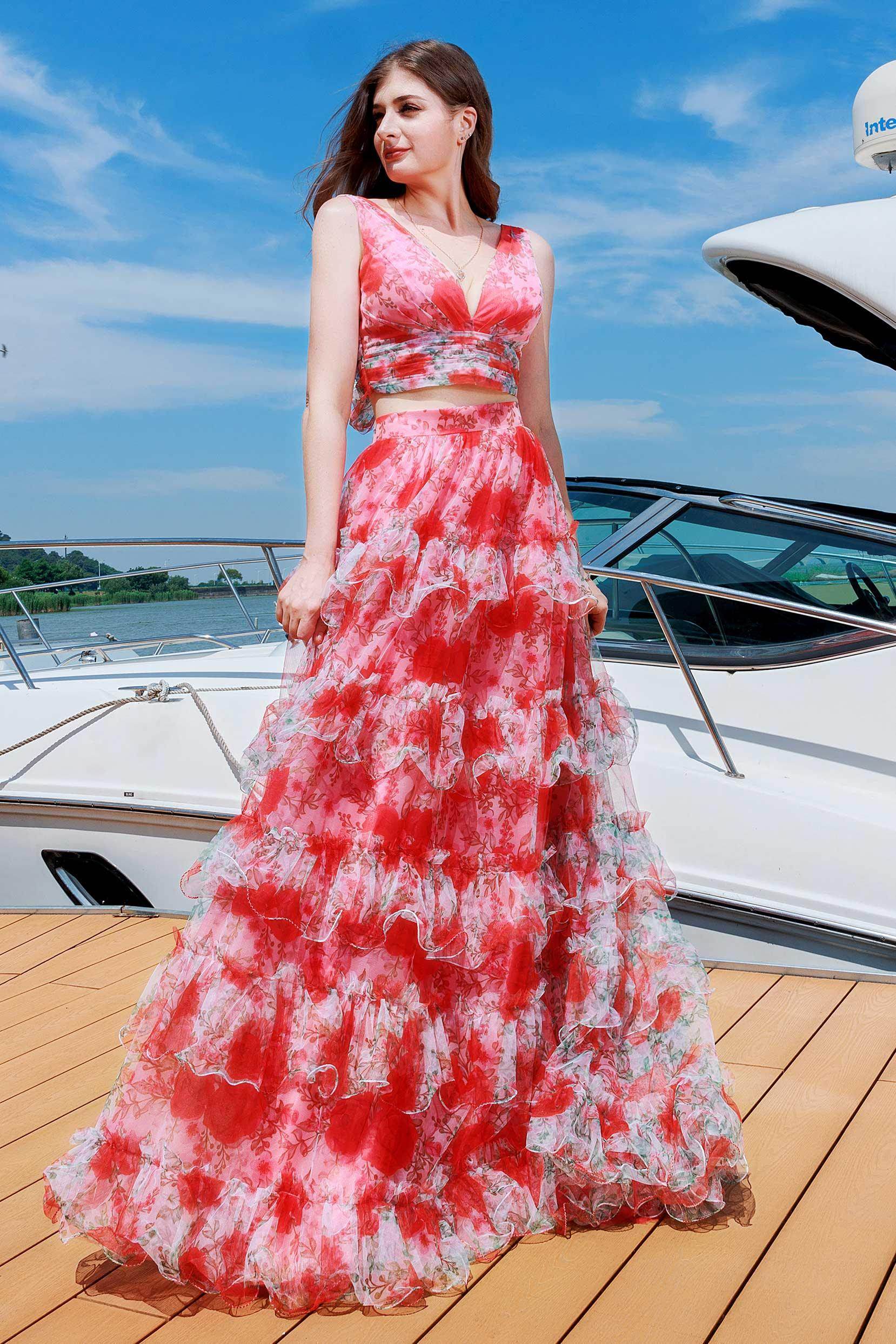 Two-Piece Sweep-Brush Train Figured Cloth Prom Dress CS0482 - COCOMELODY