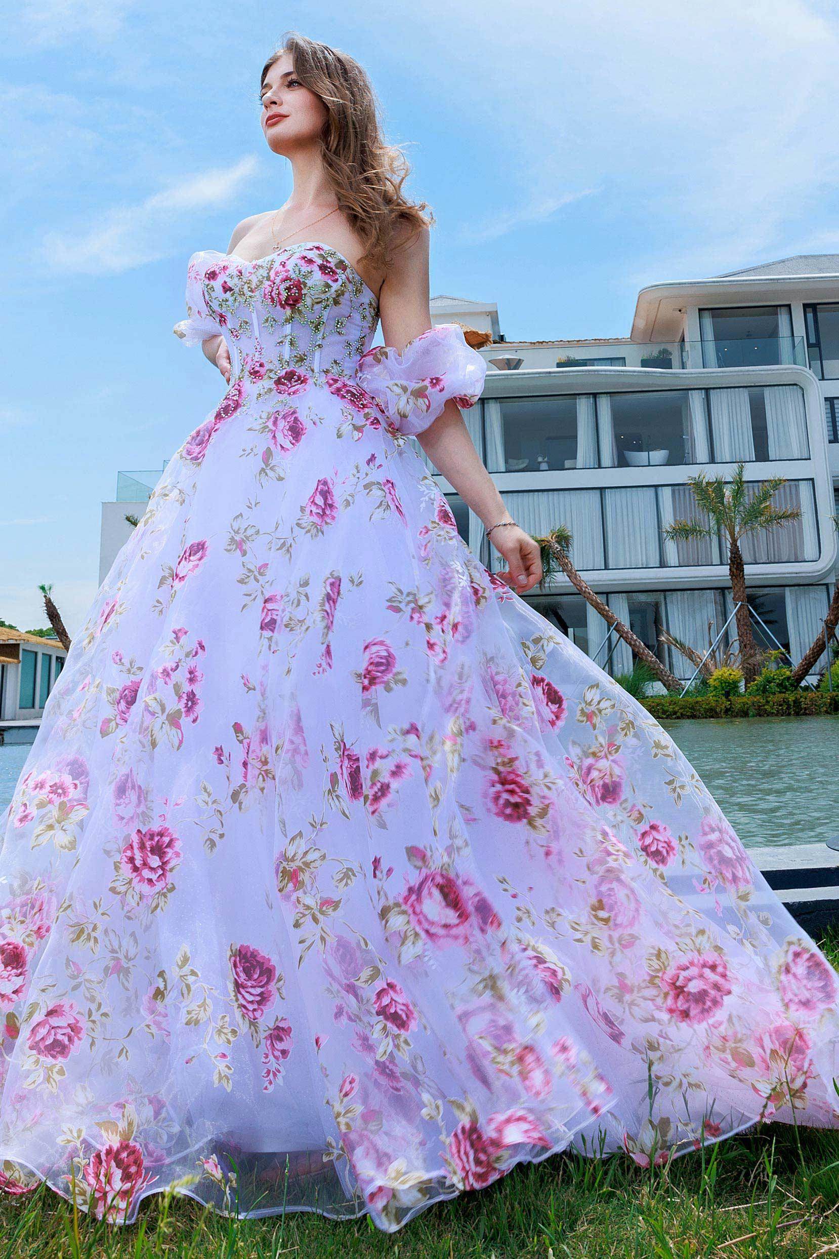 A-Line Sweep-Brush Train Figured Cloth Prom Dress CS0495 - COCOMELODY