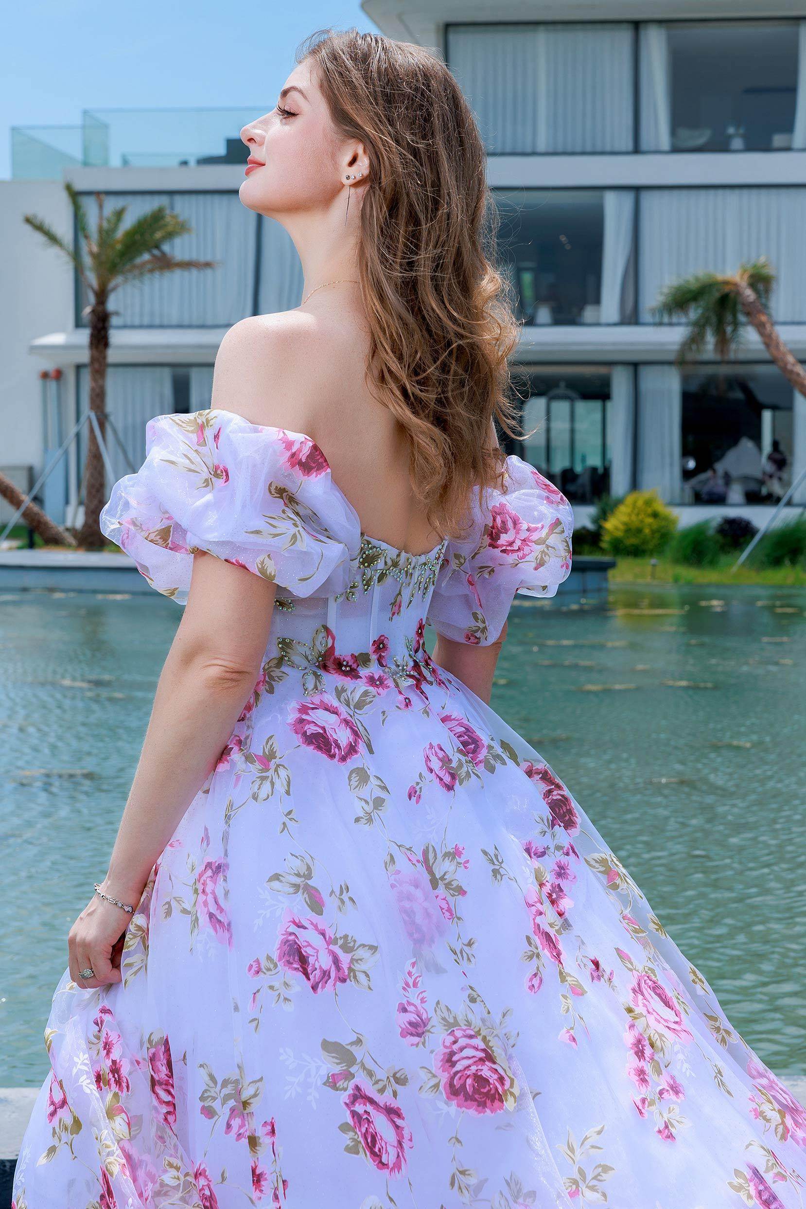 A-Line Sweep-Brush Train Figured Cloth Prom Dress CS0495 - COCOMELODY