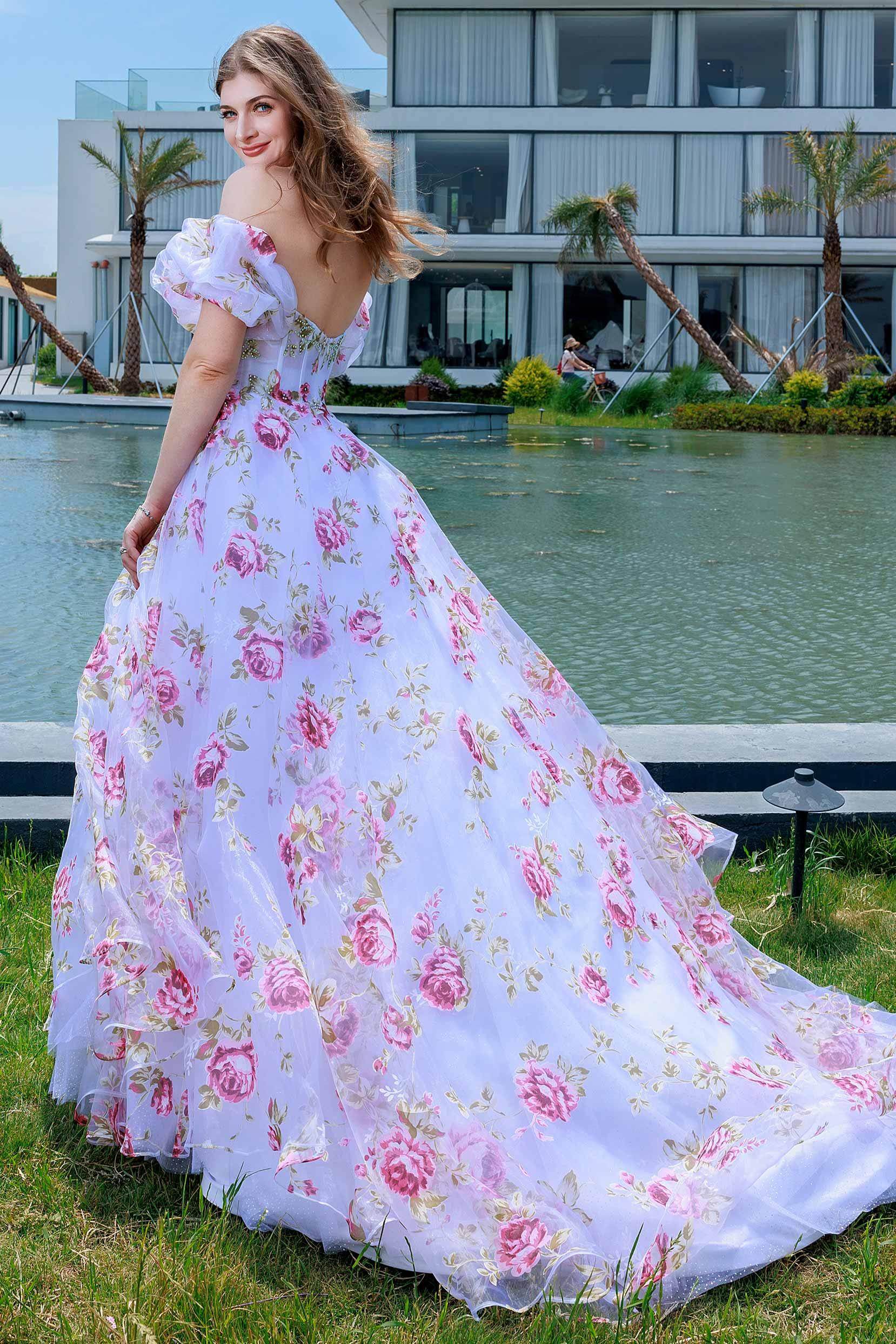 A-Line Sweep-Brush Train Figured Cloth Prom Dress CS0495 - COCOMELODY