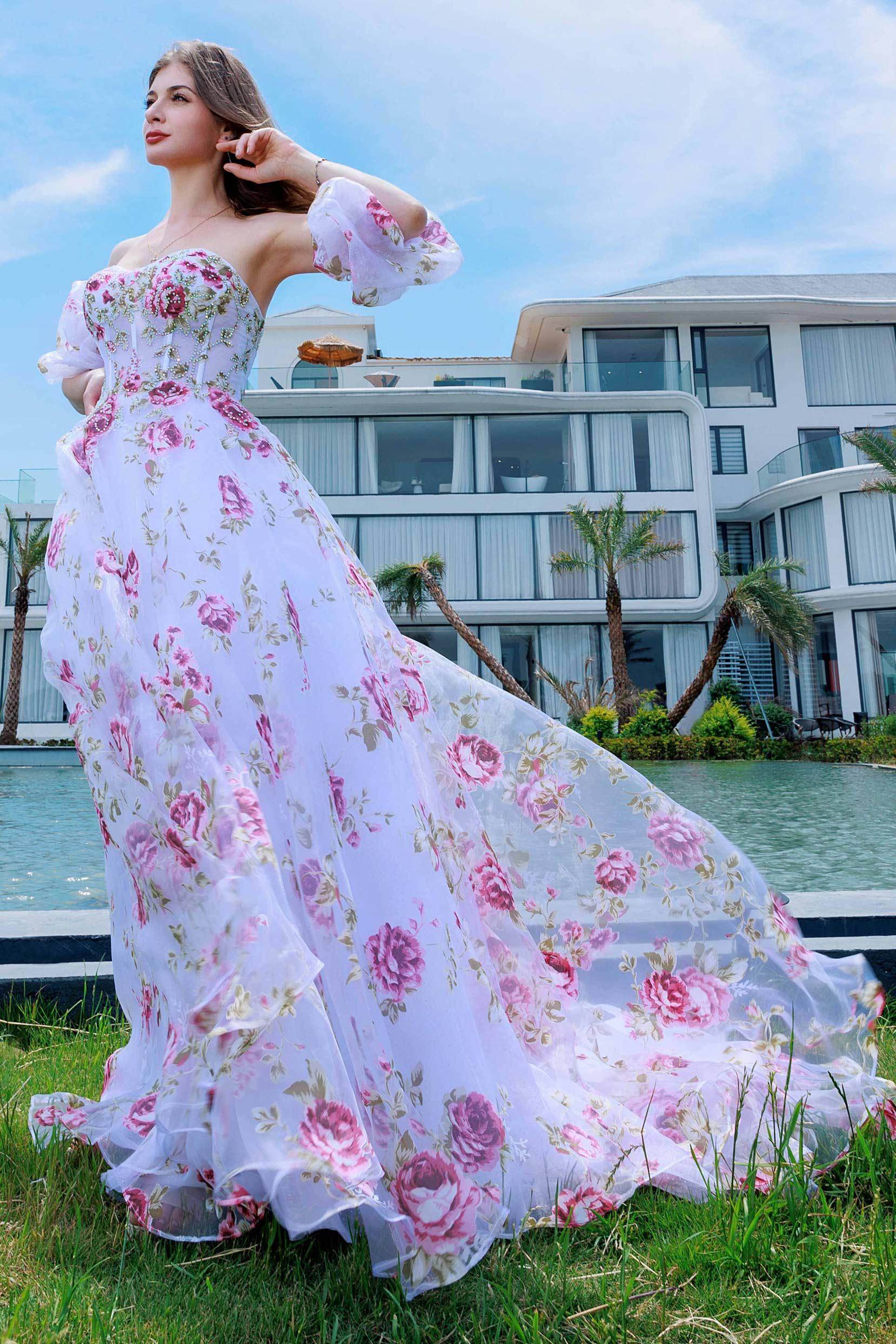 A-Line Sweep-Brush Train Figured Cloth Prom Dress CS0495 - COCOMELODY