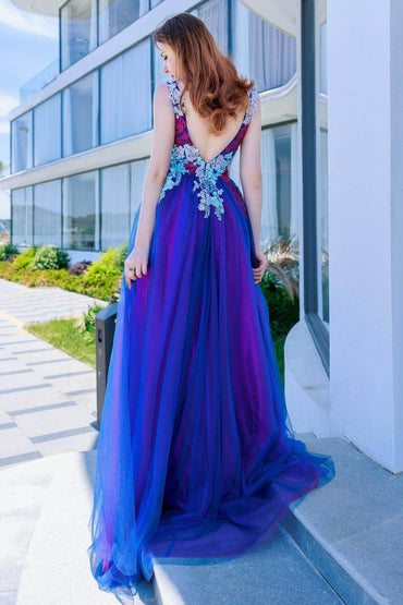 A-Line Sweep-Brush Train Tulle Prom Dress CS0500 - COCOMELODY