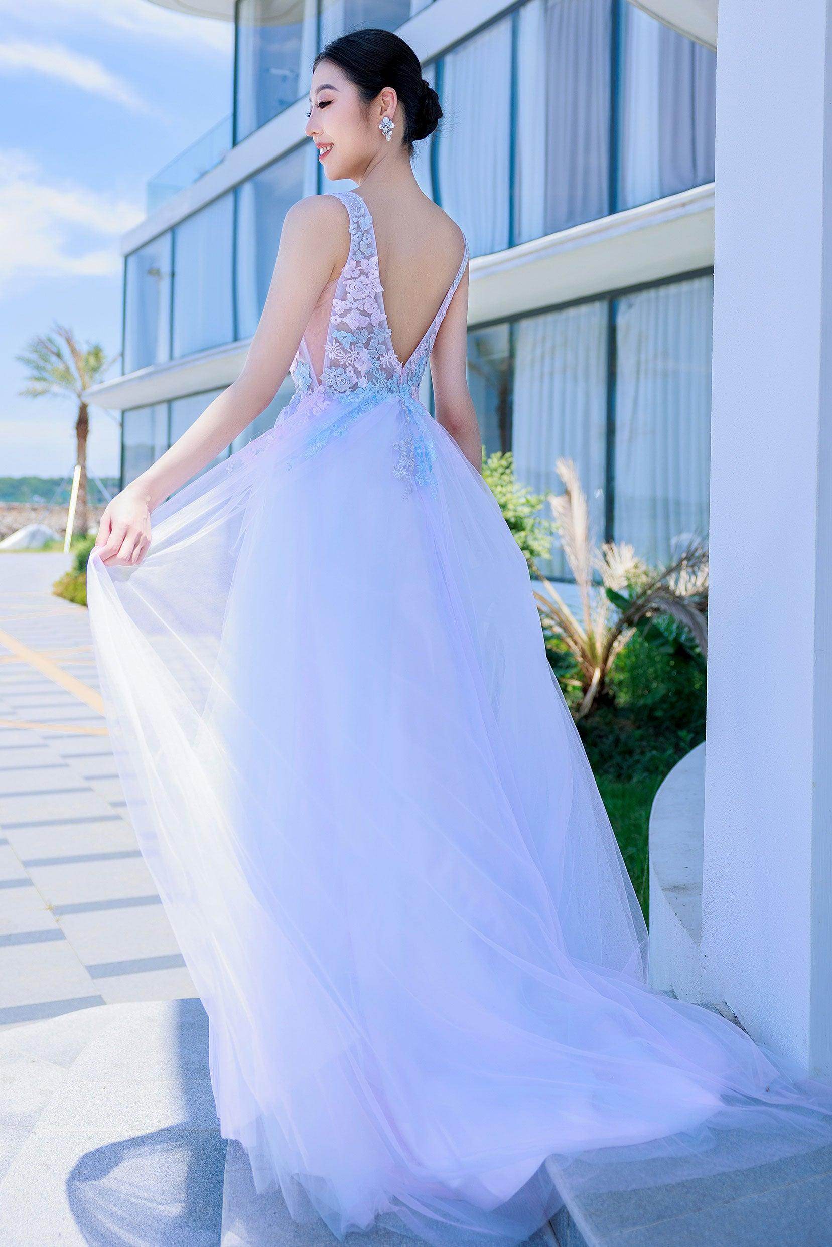 A-Line Sweep-Brush Train Tulle Prom Dress CS0504 - COCOMELODY