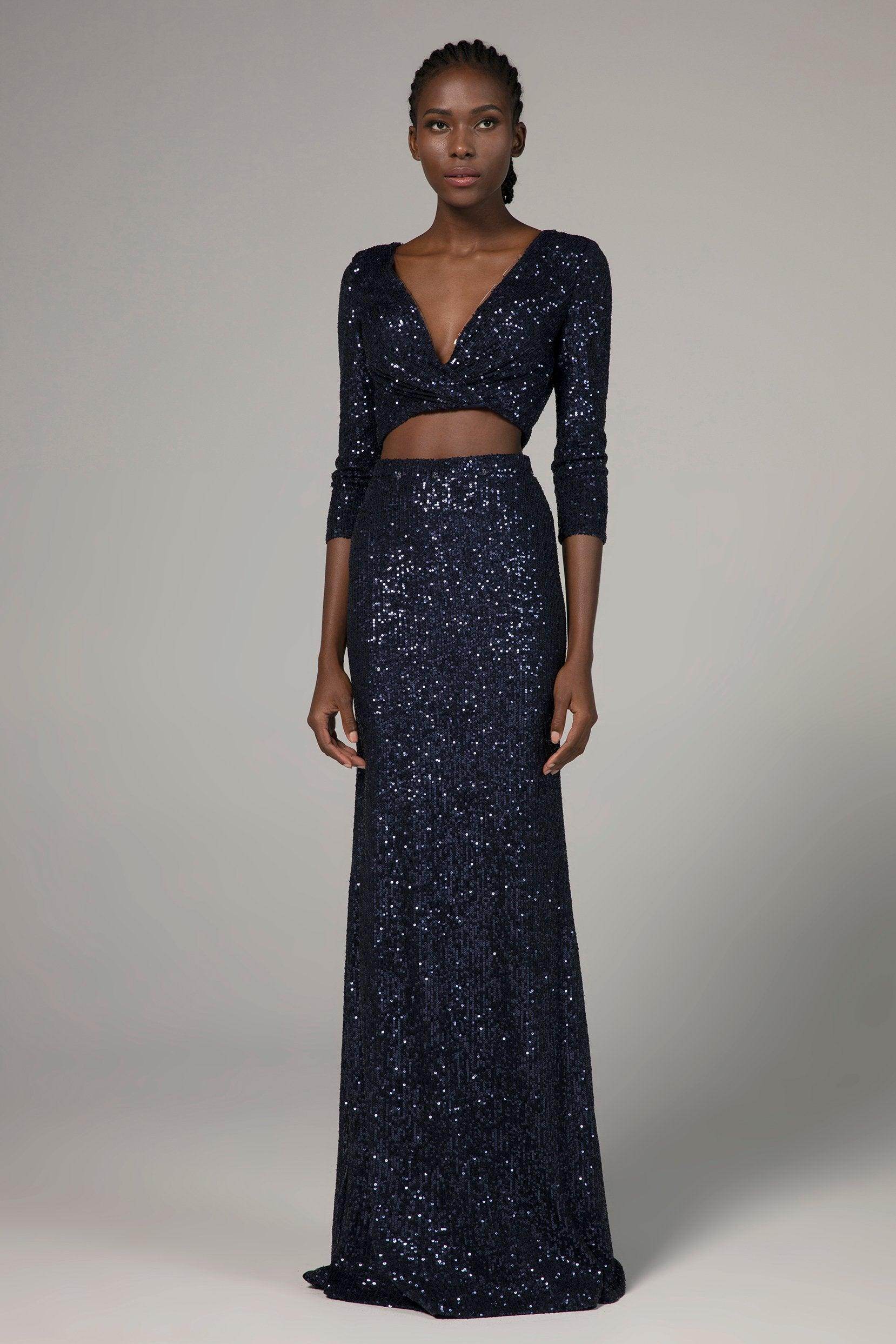 Trumpet V-Neck Floor Length Sequined 3/4 Length Sleeve Dress COCOMELODY CS0295, Black Trumpet V-Neck Floor Length Sequined 3/4 Length Sleeve Dress COCOMELODY CS0295, Black