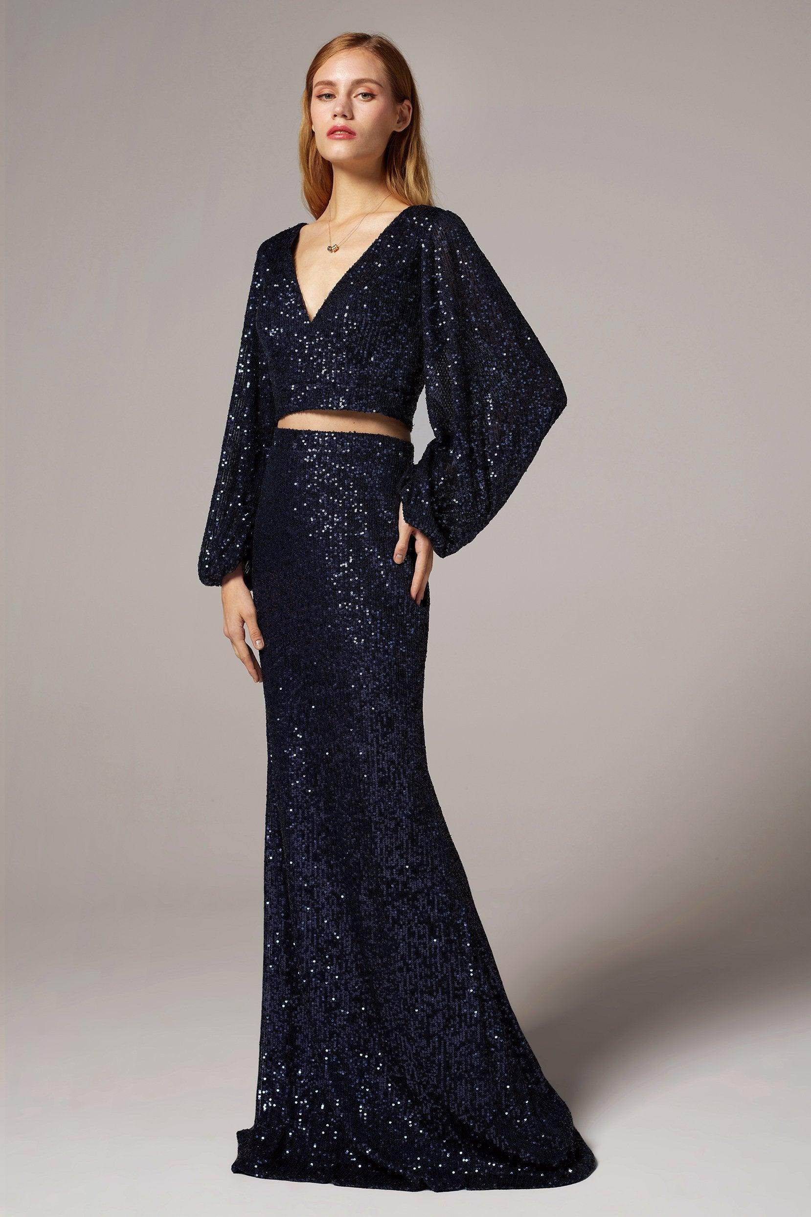V-Neck Ankle Length Sequined Long Sleeve Open Back Dress COCOMELODY CS0304 V-Neck Ankle Length Sequined Long Sleeve Open Back Dress COCOMELODY CS0304