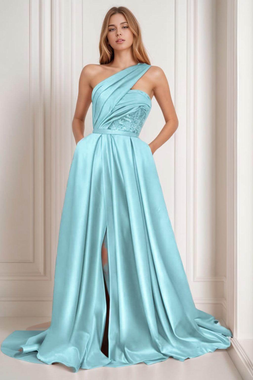 A-Line Sweep-Brush Train Satin Prom Dress CS0429 - COCOMELODY