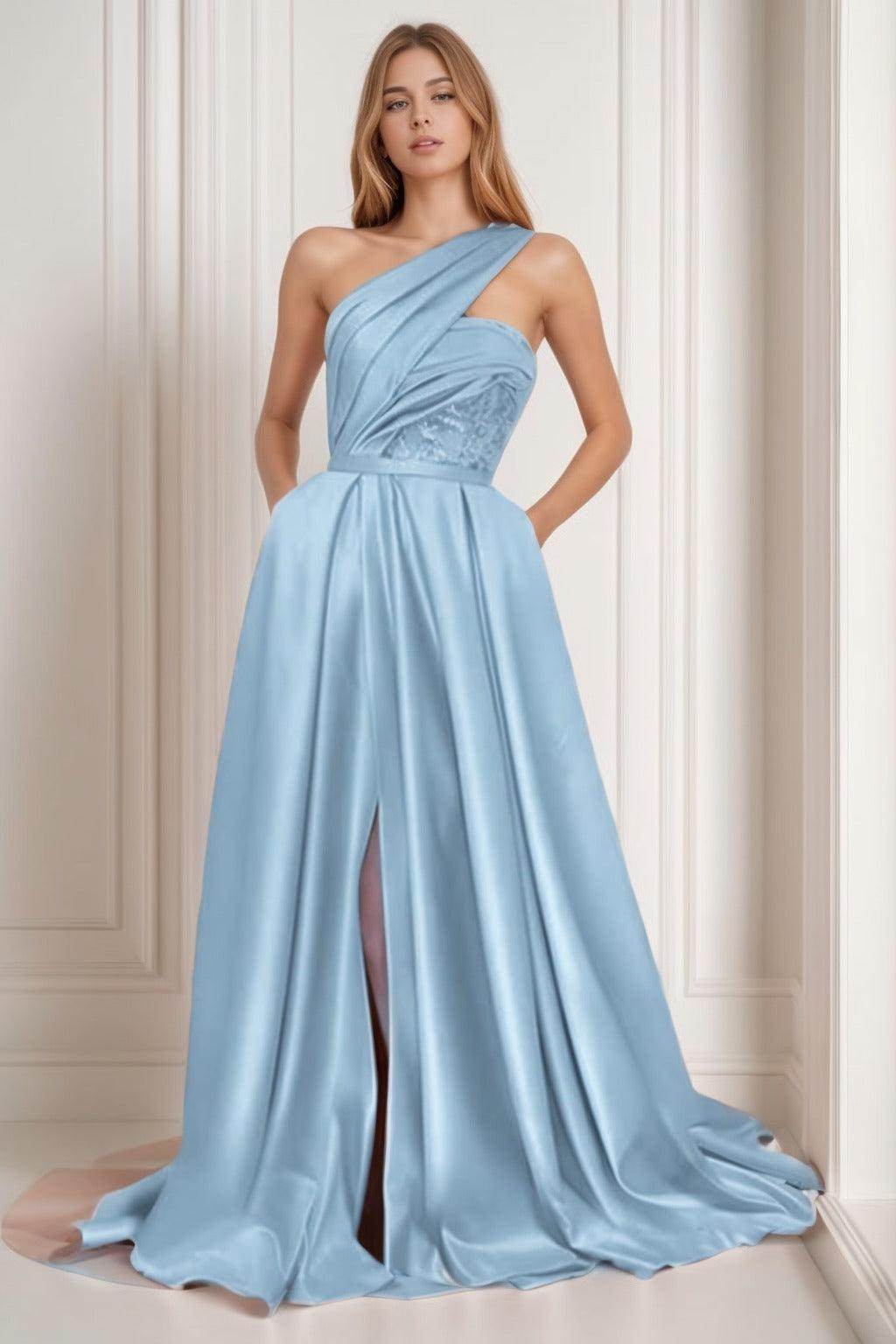 A-Line Sweep-Brush Train Satin Prom Dress CS0429 - COCOMELODY