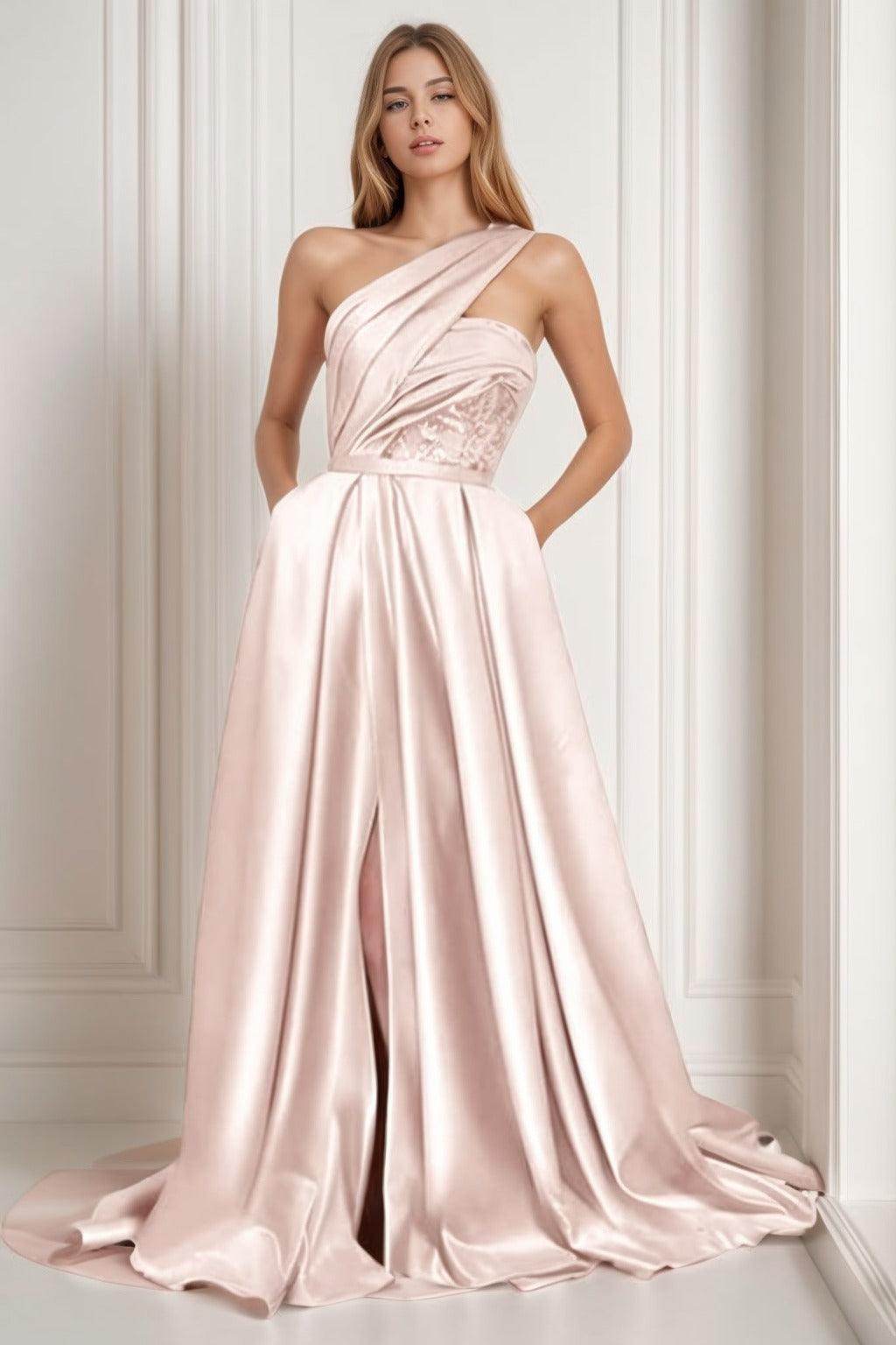 A-Line Sweep-Brush Train Satin Prom Dress CS0429 - COCOMELODY