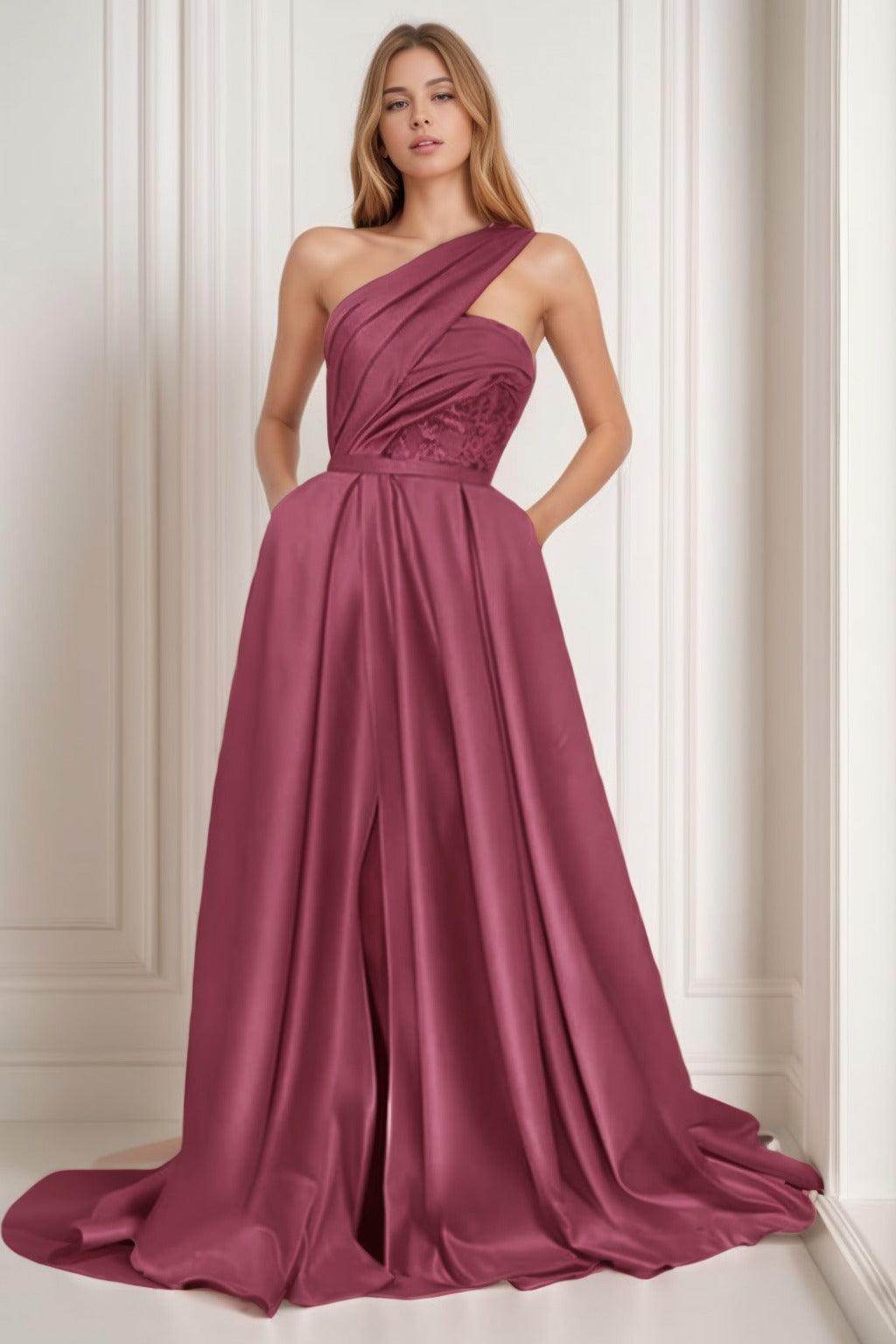 A-Line Sweep-Brush Train Satin Prom Dress CS0429 - COCOMELODY