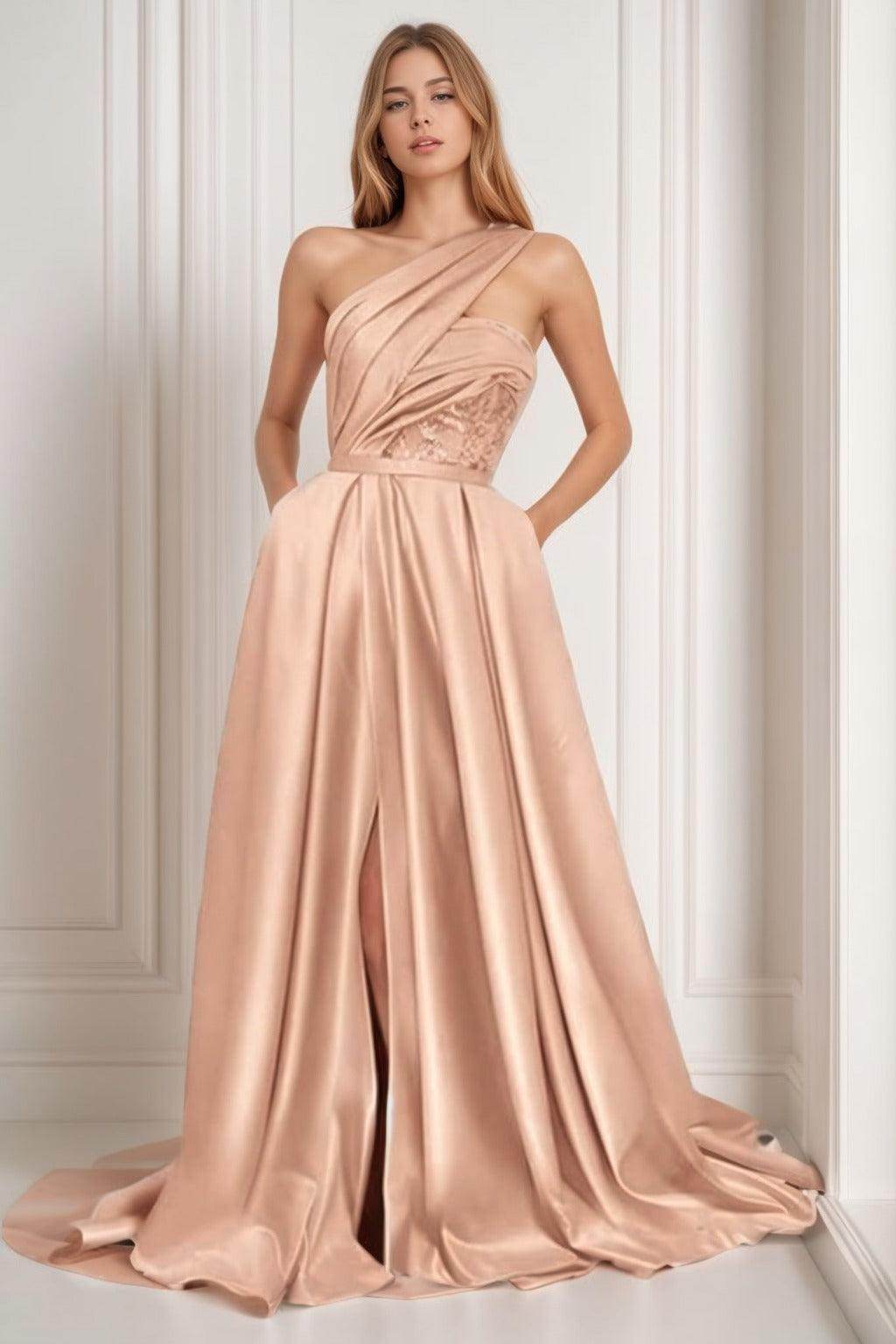 A-Line Sweep-Brush Train Satin Prom Dress CS0429 - COCOMELODY