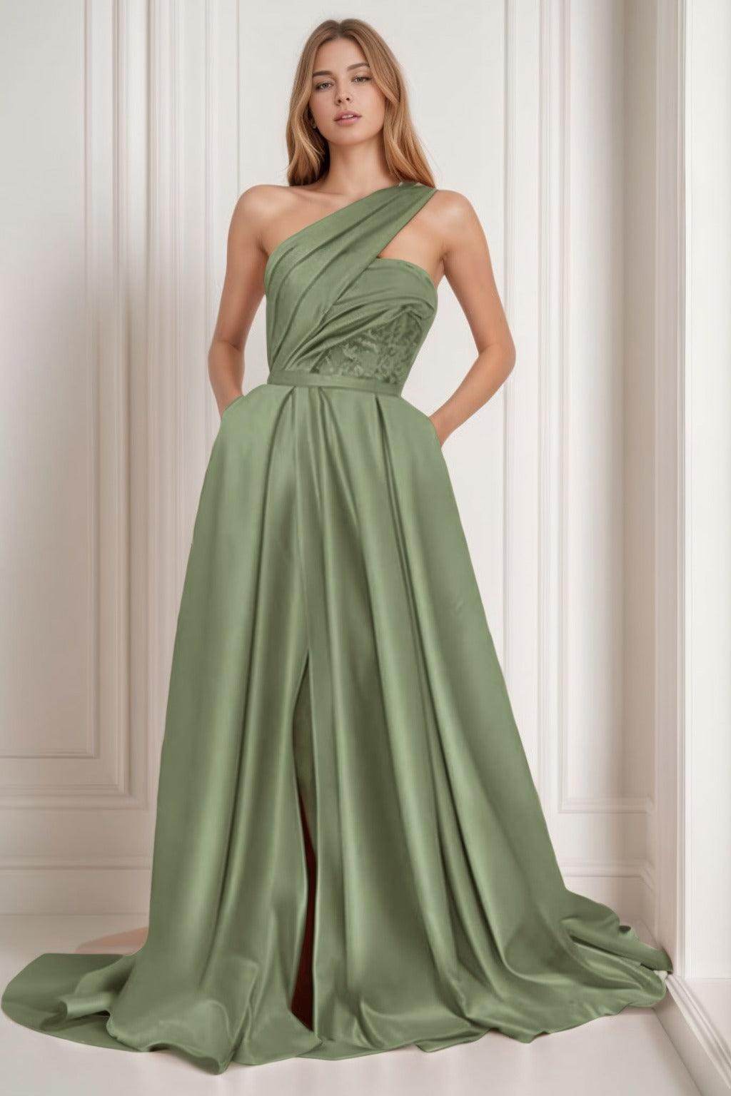 A-Line Sweep-Brush Train Satin Prom Dress CS0429 - COCOMELODY