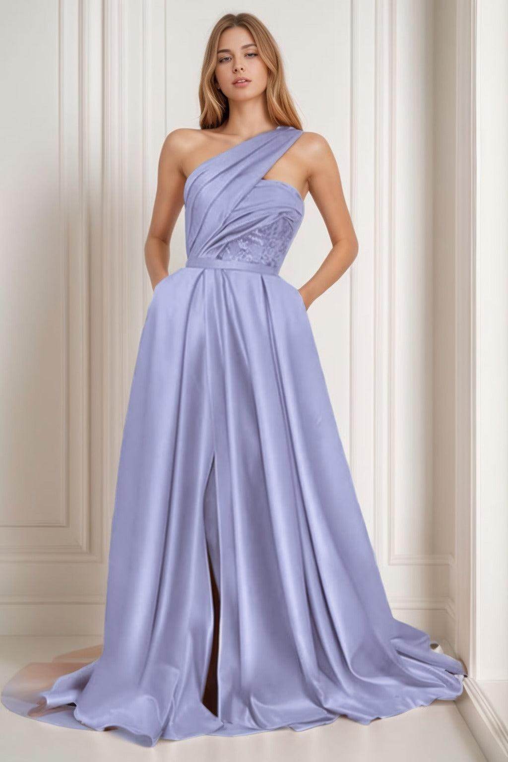 A-Line Sweep-Brush Train Satin Prom Dress CS0429 - COCOMELODY