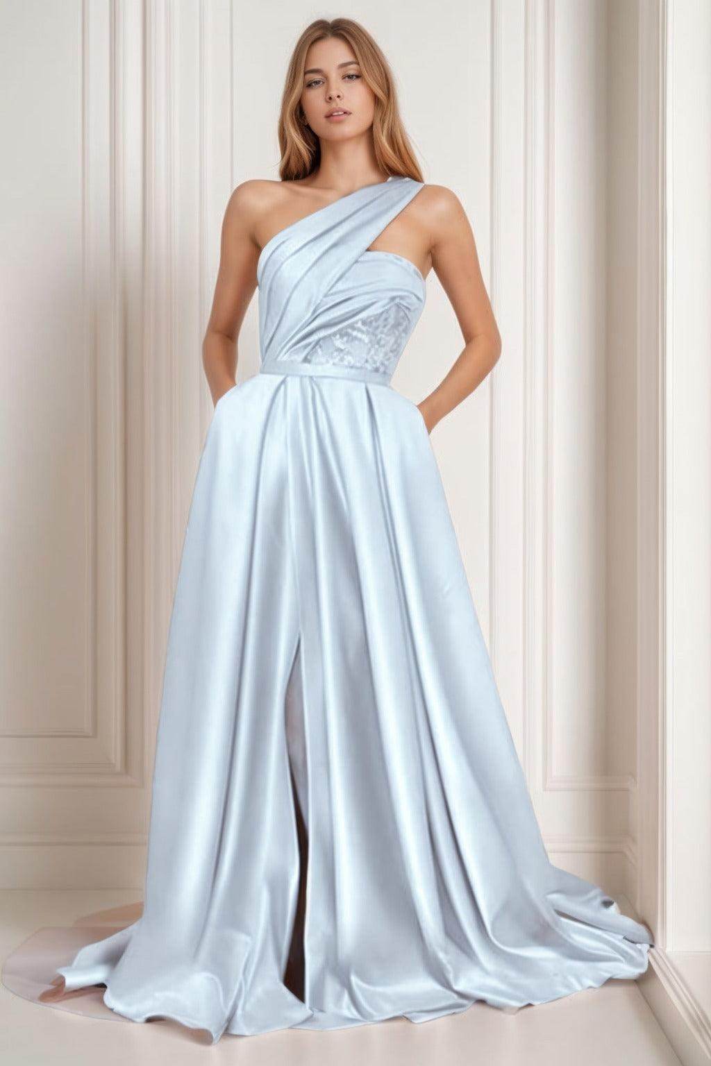 A-Line Sweep-Brush Train Satin Prom Dress CS0429 - COCOMELODY