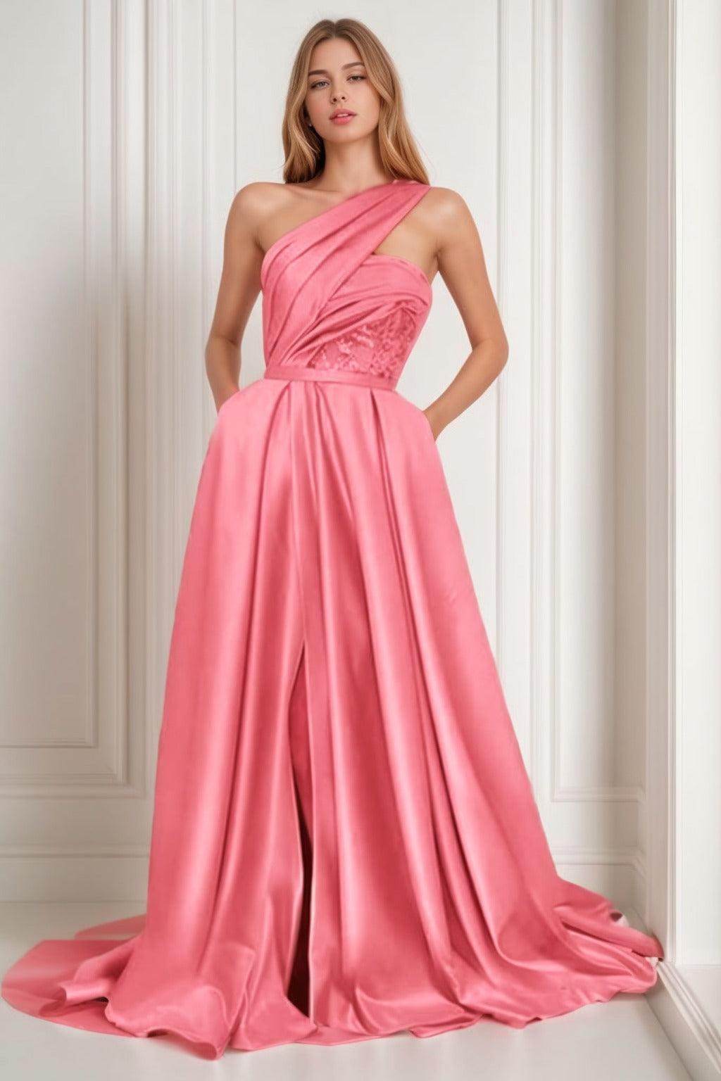 A-Line Sweep-Brush Train Satin Prom Dress CS0429 - COCOMELODY