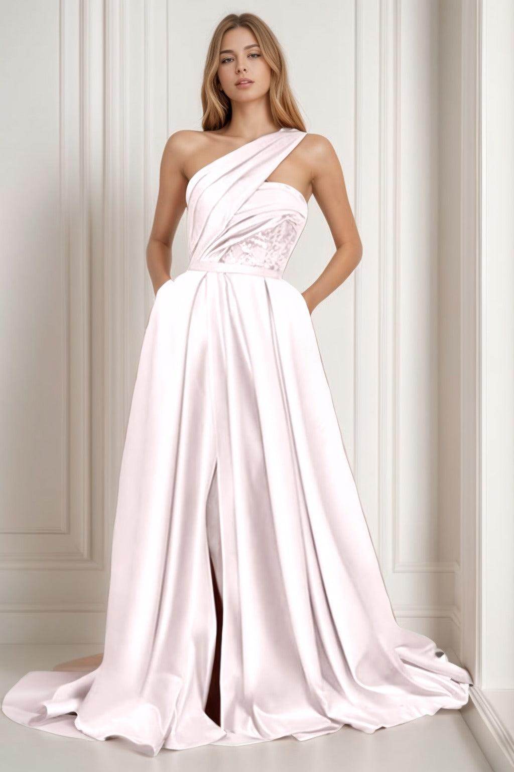 A-Line Sweep-Brush Train Satin Prom Dress CS0429 - COCOMELODY