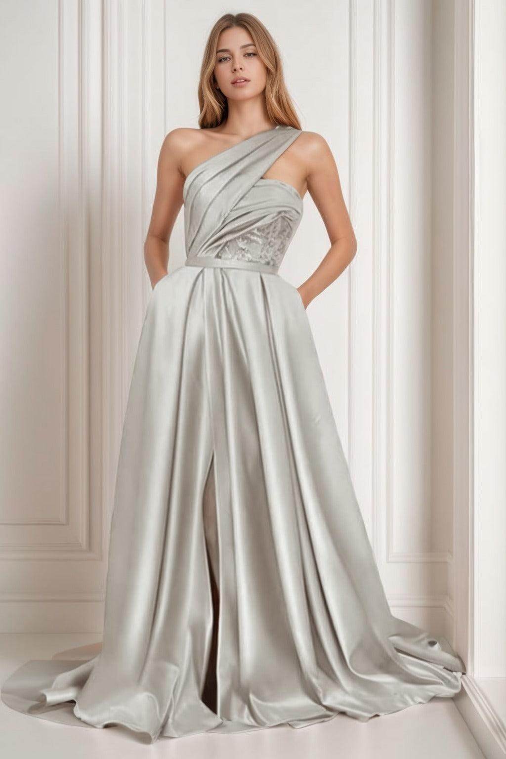A-Line Sweep-Brush Train Satin Prom Dress CS0429 - COCOMELODY