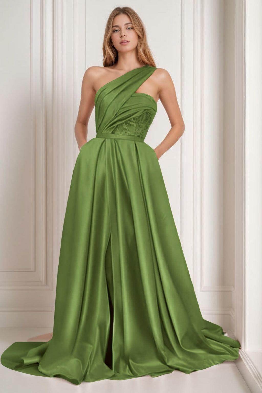 A-Line Sweep-Brush Train Satin Prom Dress CS0429 - COCOMELODY