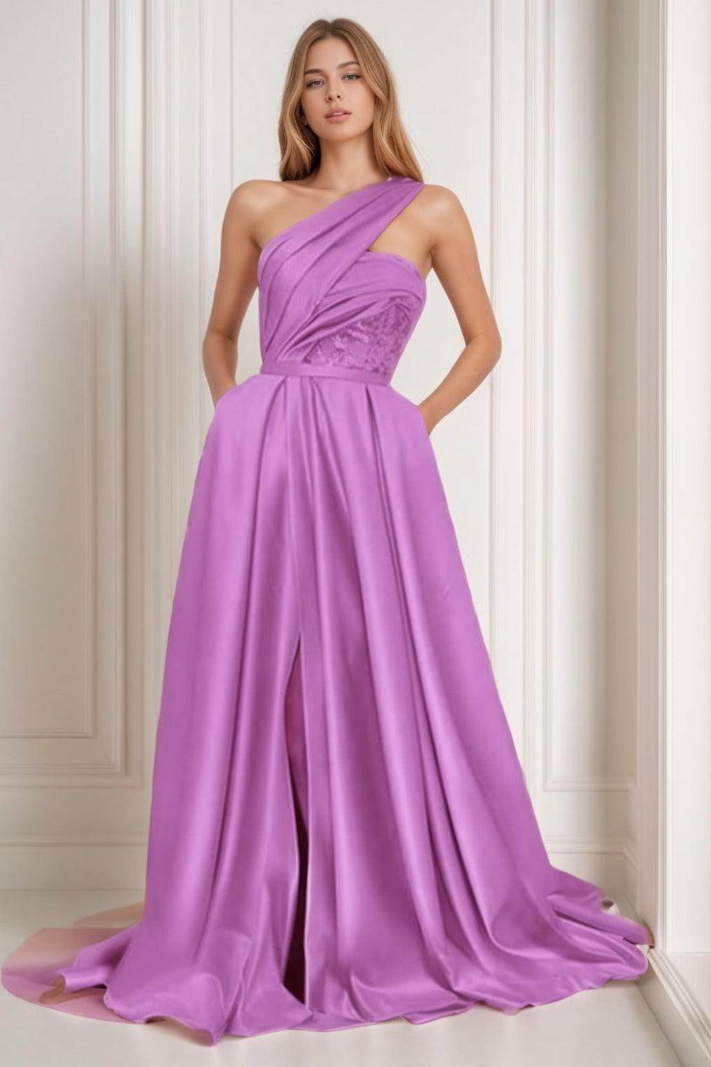 A-Line Sweep-Brush Train Satin Prom Dress CS0429 - COCOMELODY