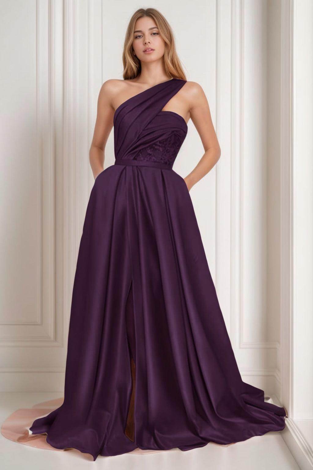 A-Line Sweep-Brush Train Satin Prom Dress CS0429 - COCOMELODY