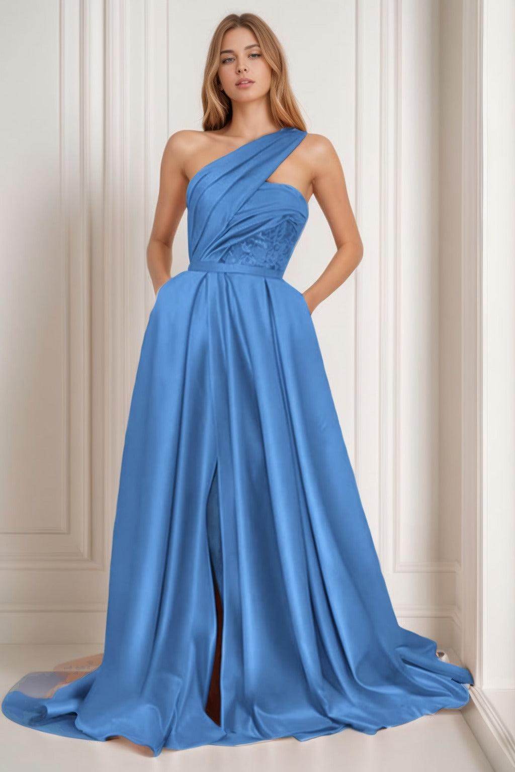 A-Line Sweep-Brush Train Satin Prom Dress CS0429 - COCOMELODY