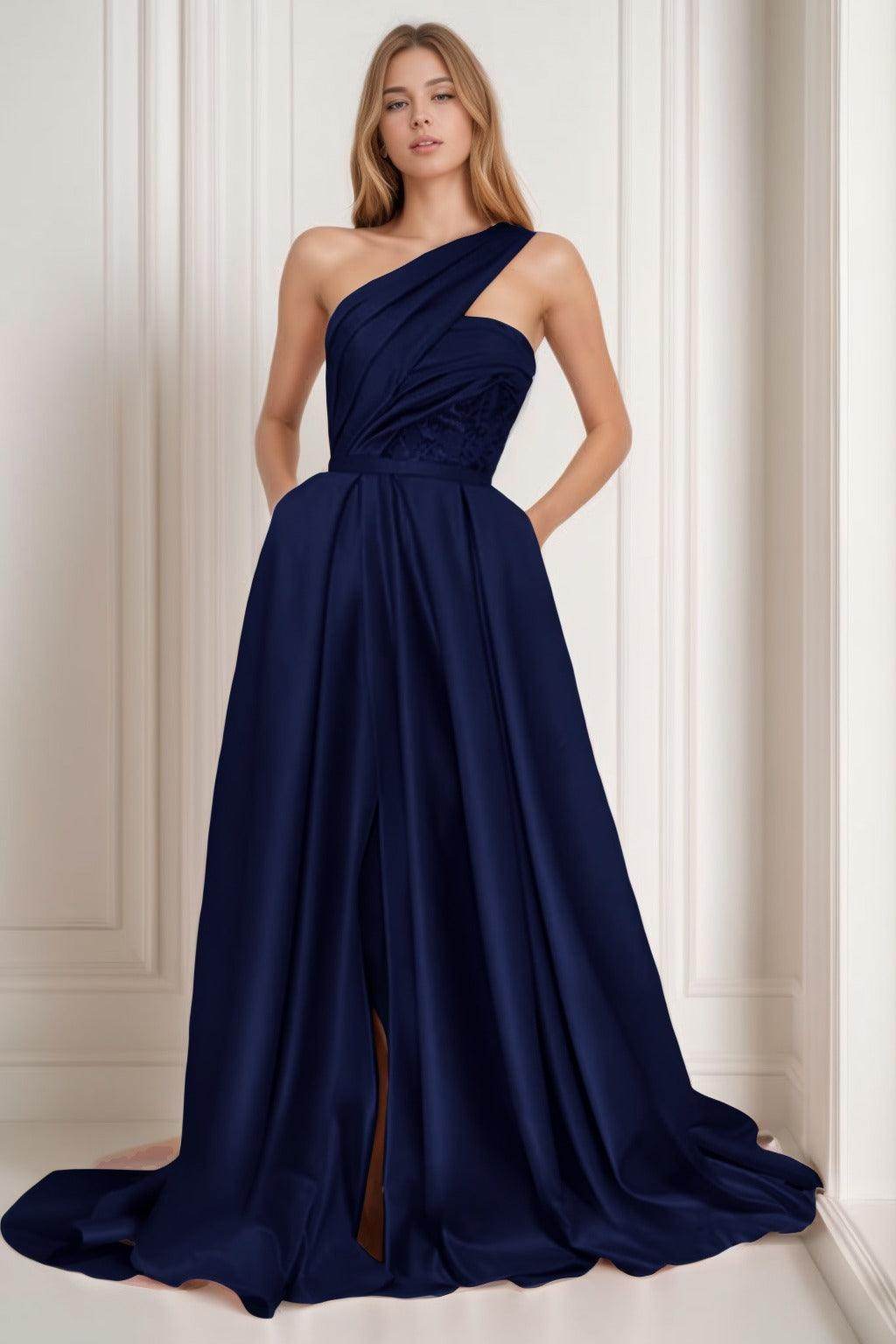 A-Line Sweep-Brush Train Satin Prom Dress CS0429 - COCOMELODY