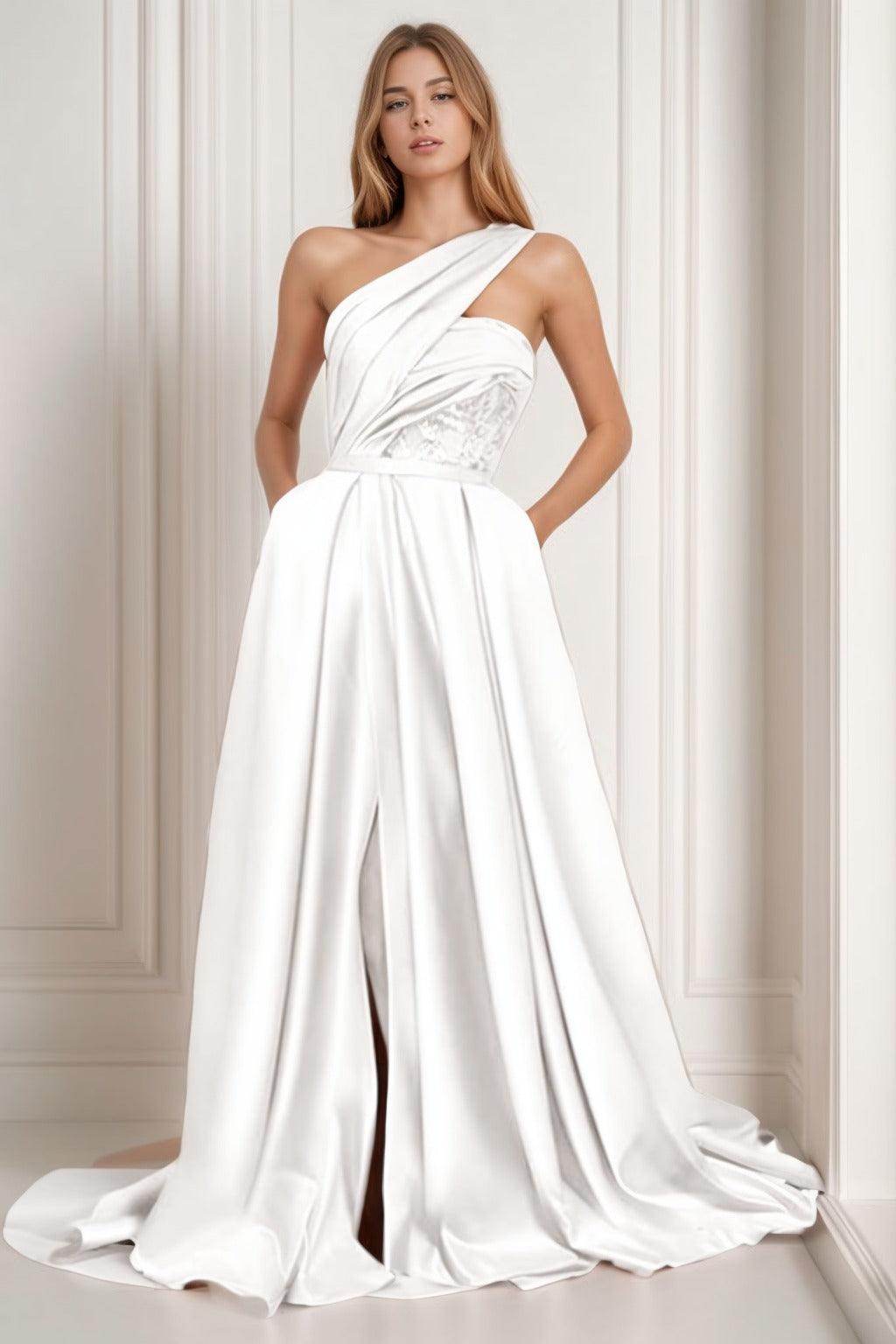 A-Line Sweep-Brush Train Satin Prom Dress CS0429 - COCOMELODY