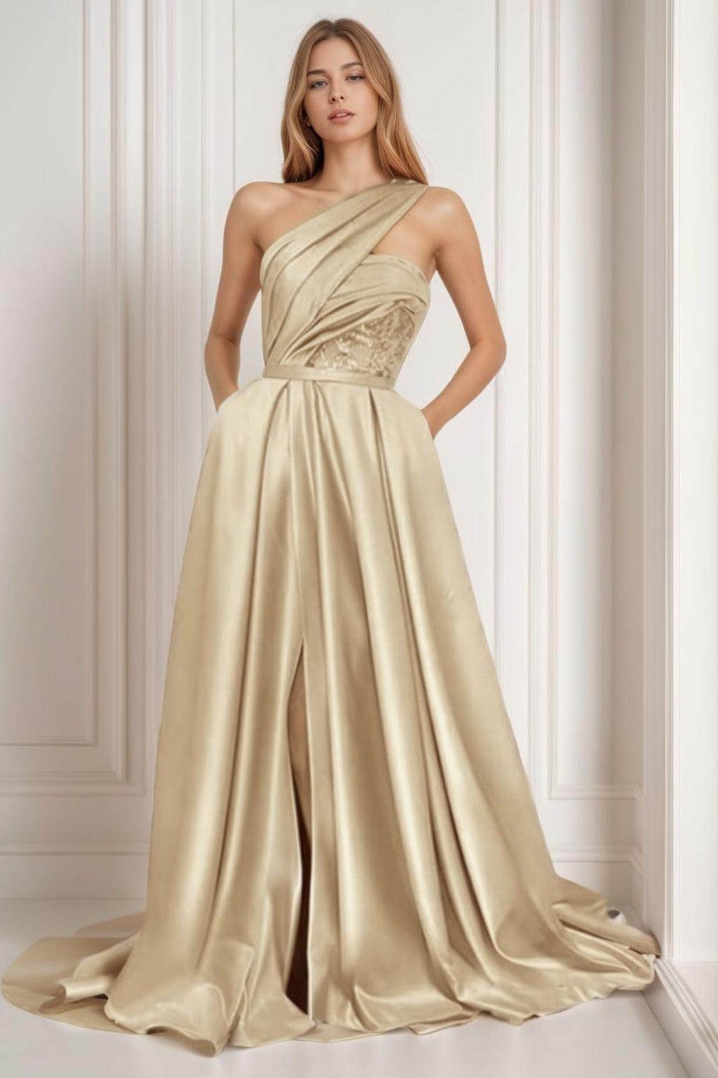 A-Line Sweep-Brush Train Satin Prom Dress CS0429 - COCOMELODY