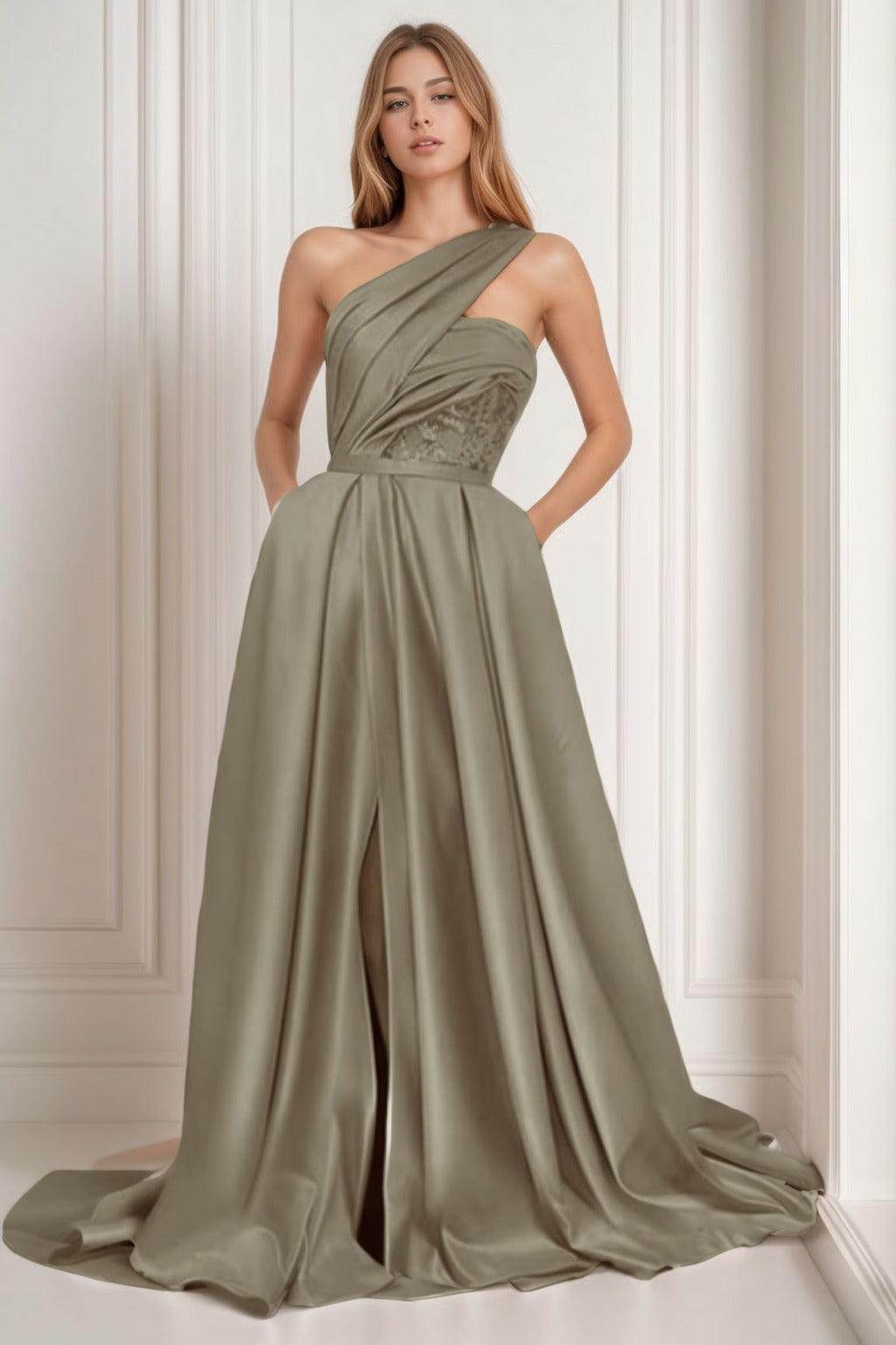 A-Line Sweep-Brush Train Satin Prom Dress CS0429 - COCOMELODY
