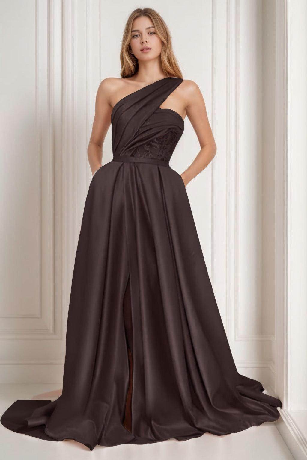 A-Line Sweep-Brush Train Satin Prom Dress CS0429 - COCOMELODY