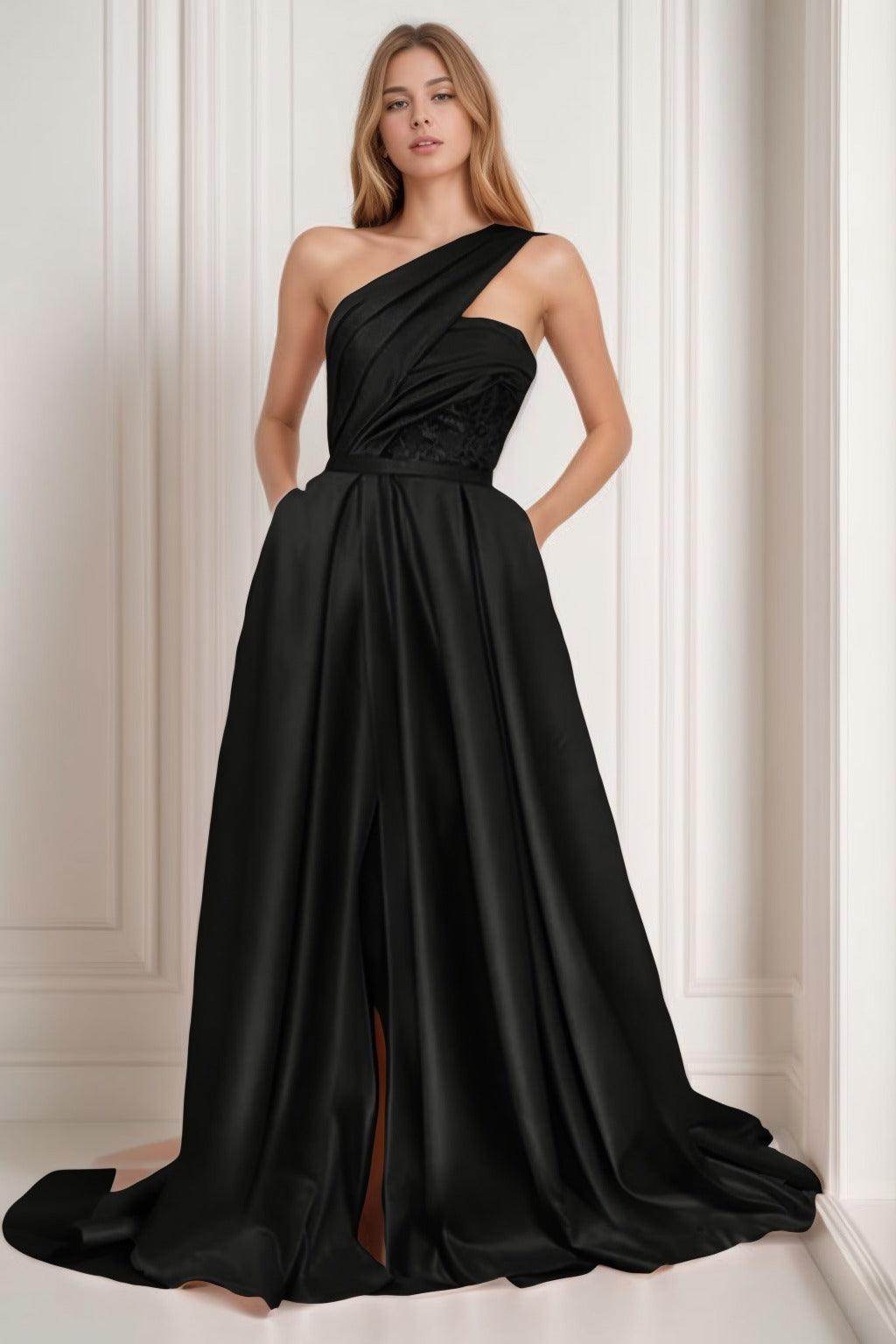 A-Line Sweep-Brush Train Satin Prom Dress CS0429 - COCOMELODY